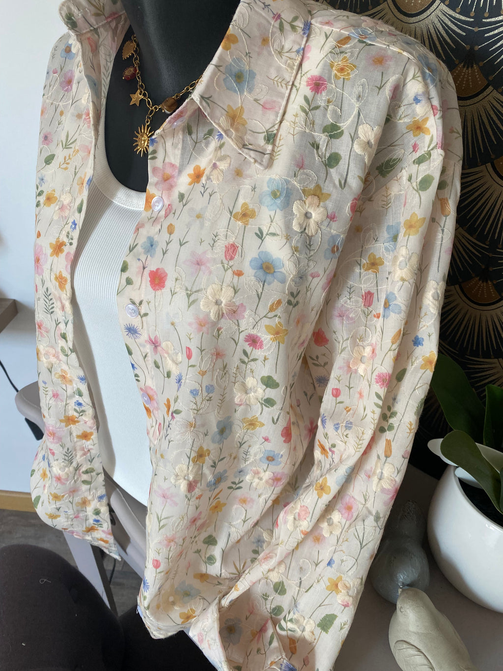 ENSEMBLE TOP ET CHEMISE BRODE  TU 34/40 BEIGE