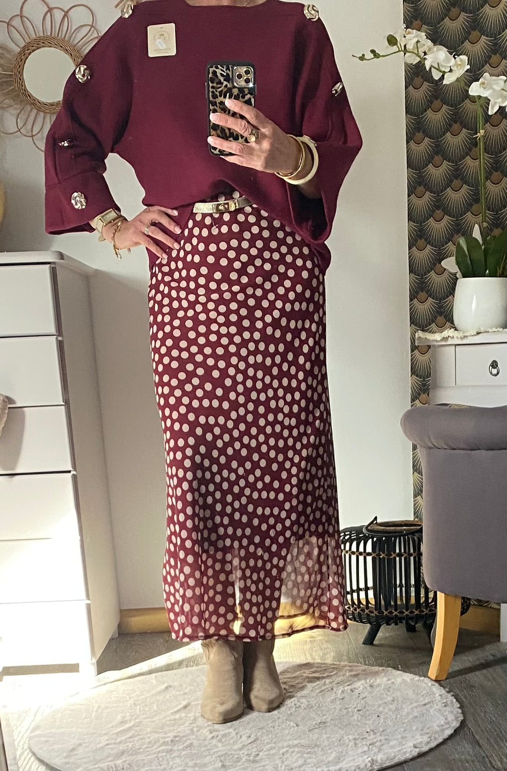 JUPE LONGUE A POIS  TU 34/42  BORDEAUX