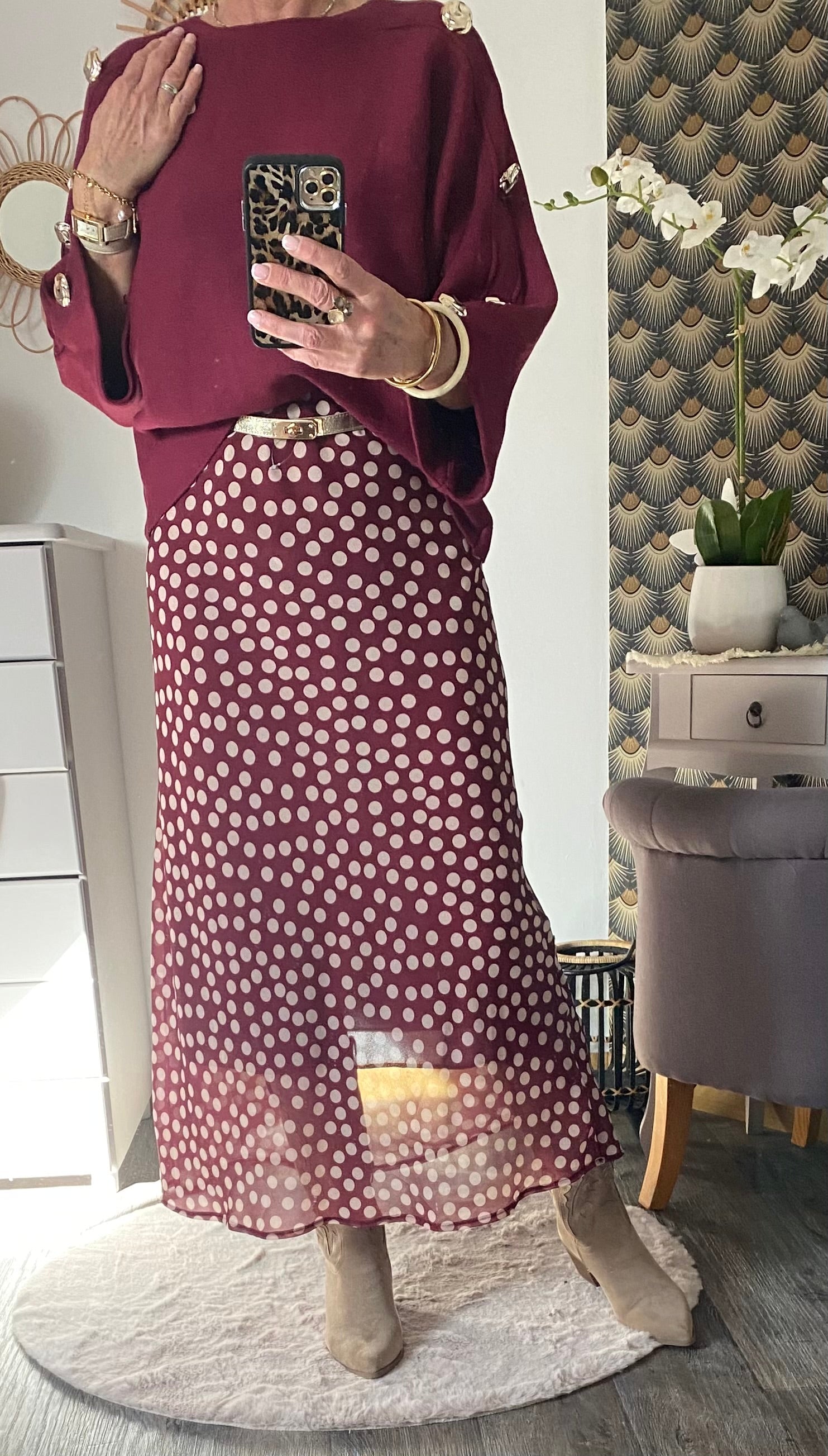 JUPE LONGUE A POIS  TU 34/42  BORDEAUX