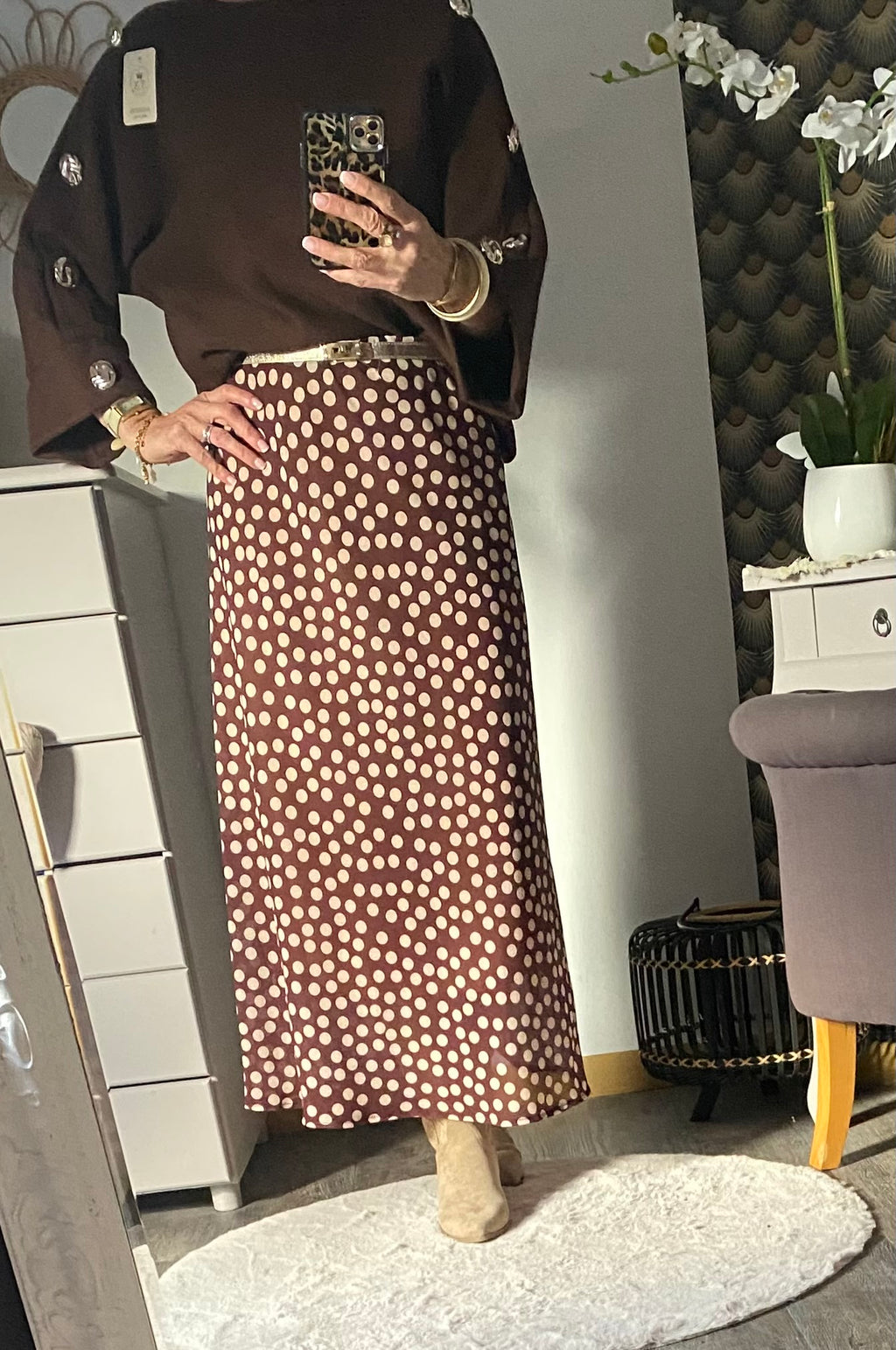 JUPE LONGUE A POIS  TU 34/42  CHOCO