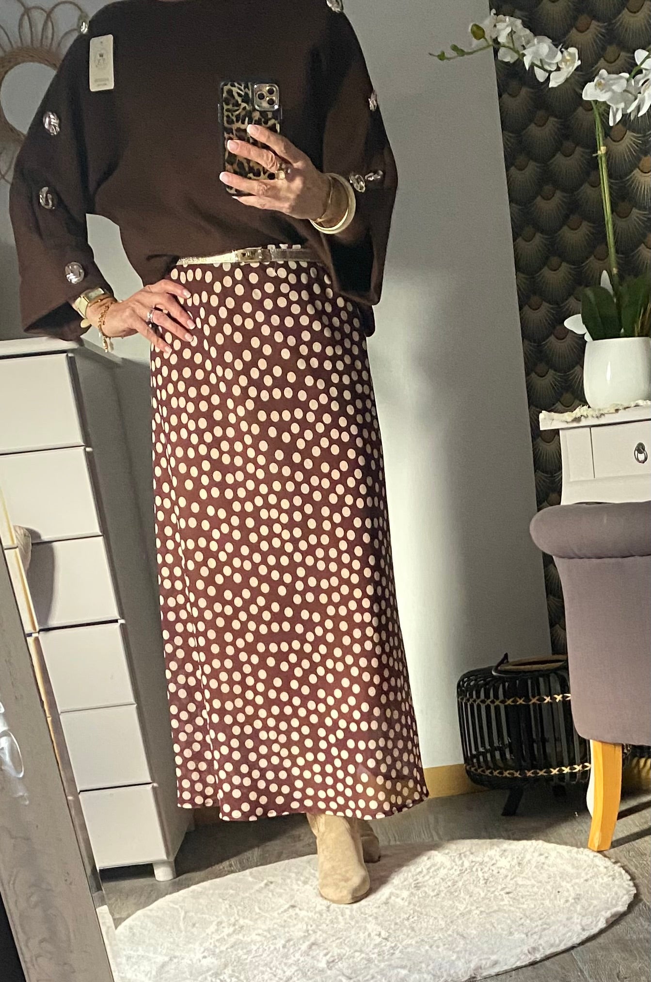 JUPE LONGUE A POIS  TU 34/42  CHOCO