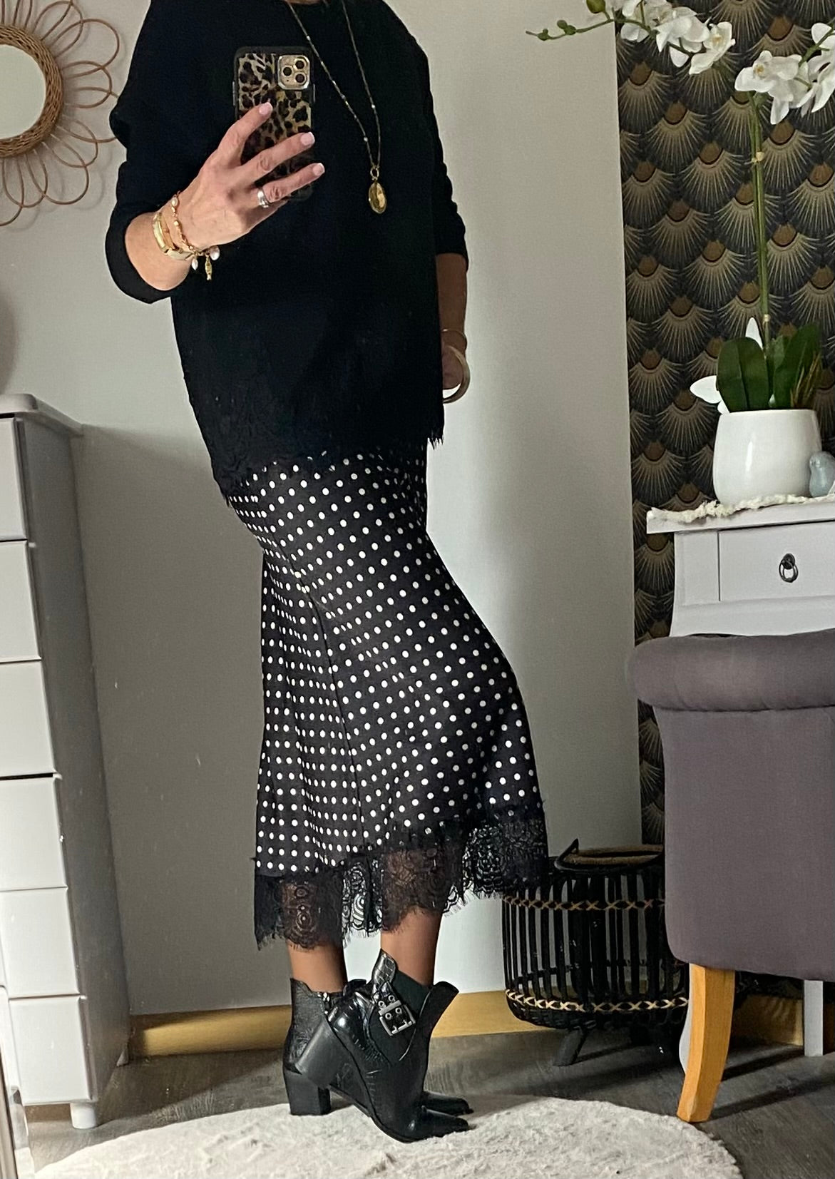 JUPE SATIN A POIS  TTU 34/40  NOIRE