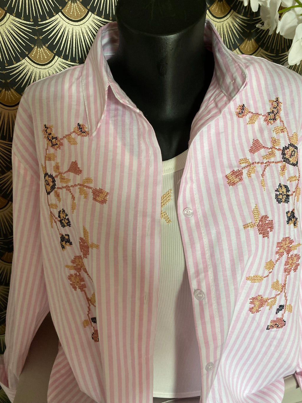 ENSEMBLE CHEMISE   BRODEE RAYEE ET DEBARDEUR ROSE TU 34/42