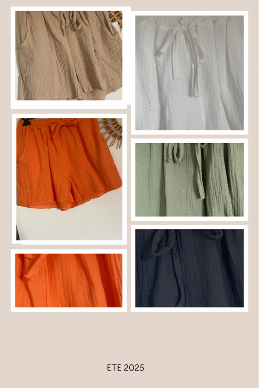 SHORT GAZE DE COTON 36/42 PETIT 44    5 COLORIS ( kaki , blanc , noir , ecru , orange )