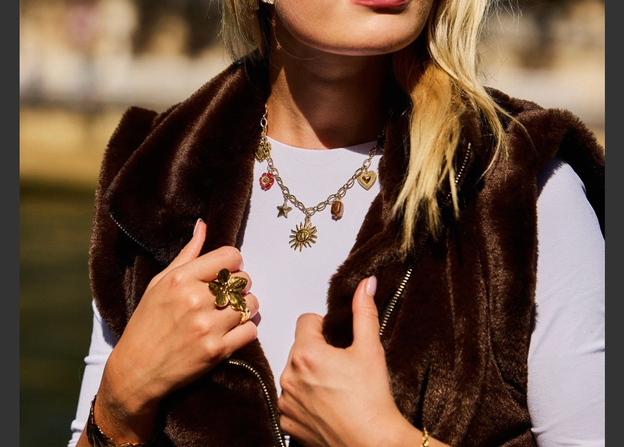 COLLIER CHARM SOLEIL ET COEUR  ACIER INOXYDABLE