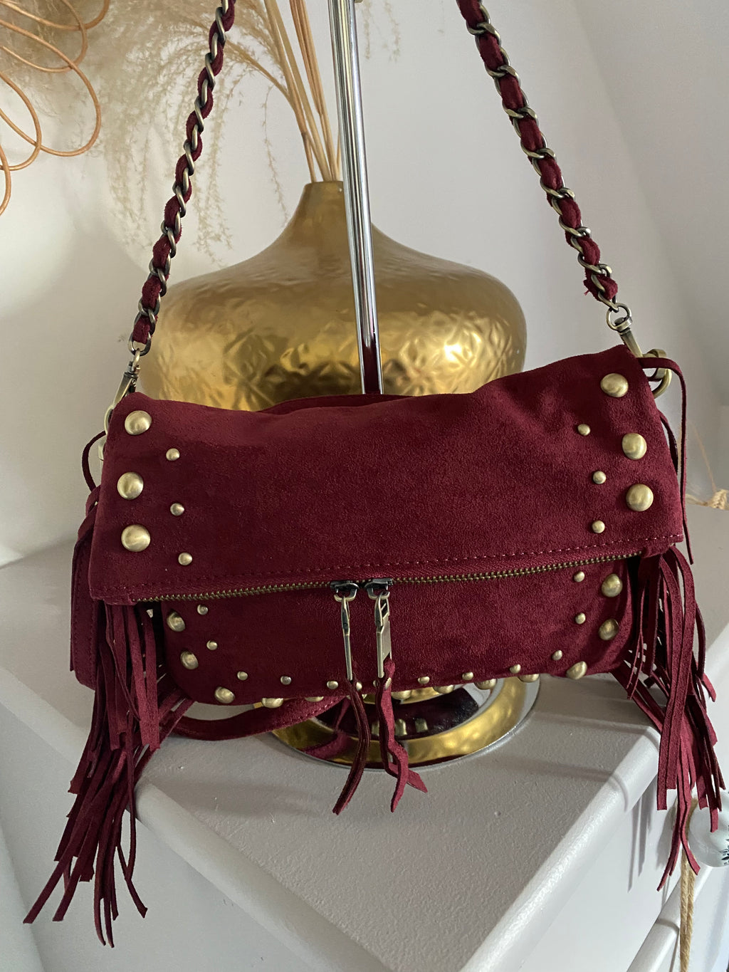SAC SUEDE A FRANGE BORDEAUX