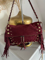 SAC SUEDE A FRANGE BORDEAUX