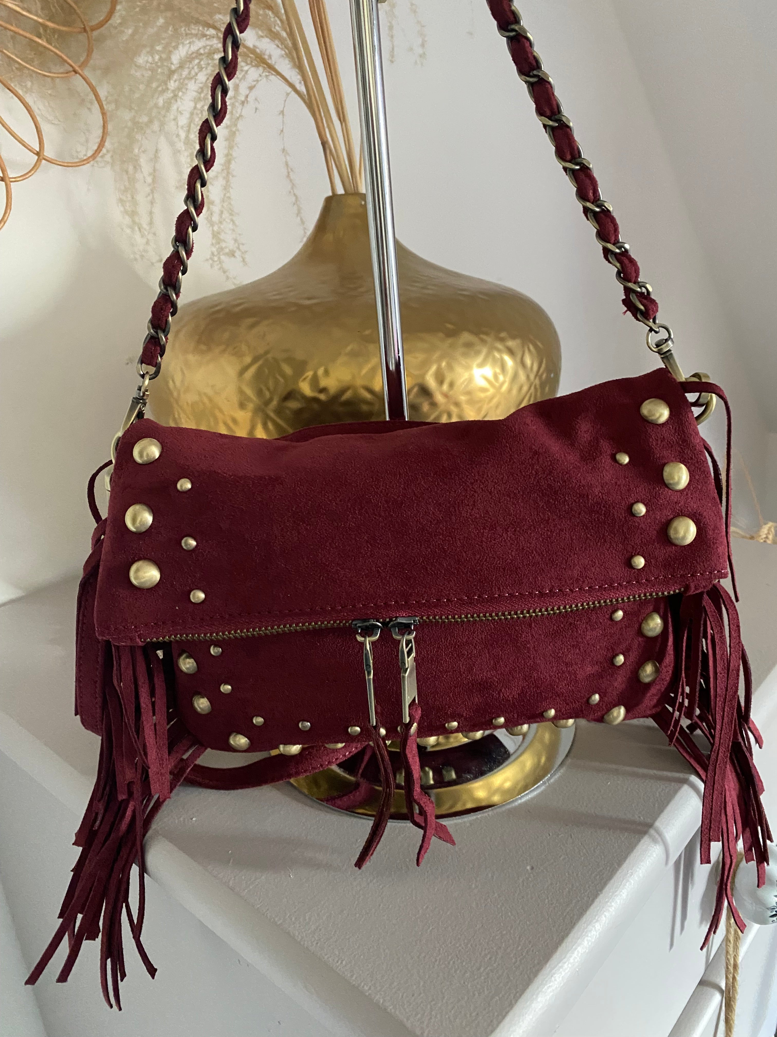 SAC SUEDE A FRANGE BORDEAUX