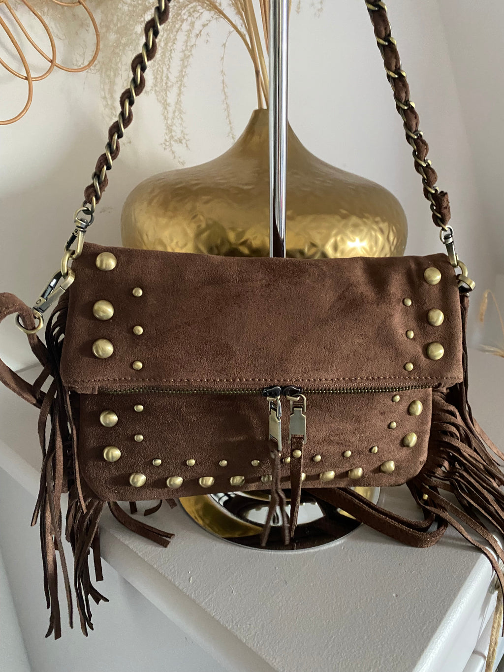 SAC SUEDE A FRANGE CHOCO