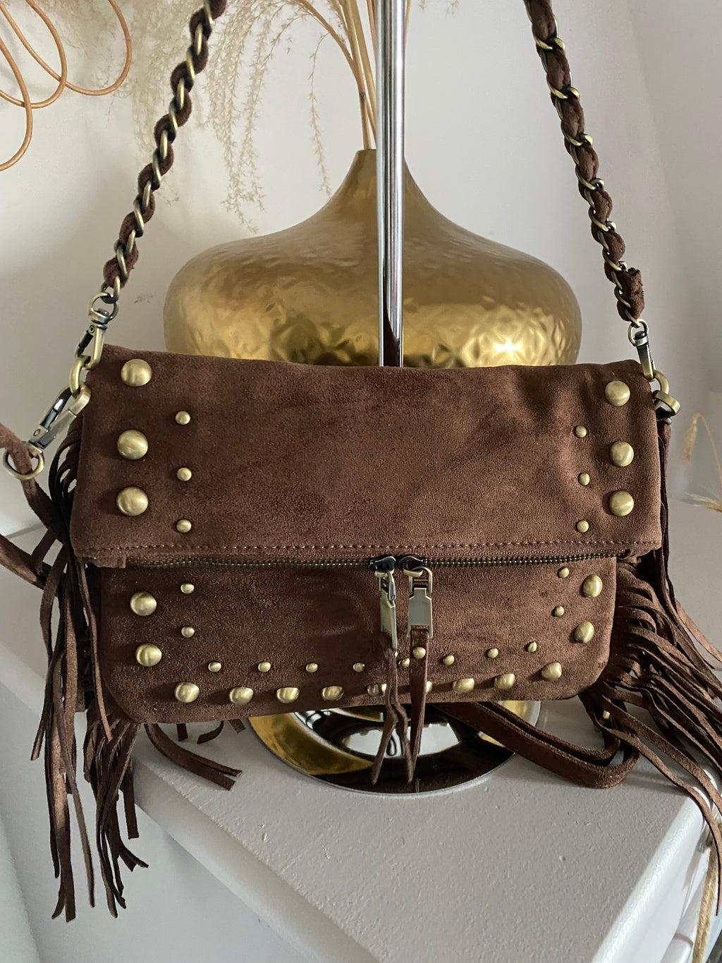 SAC SUEDE A FRANGE CHOCO