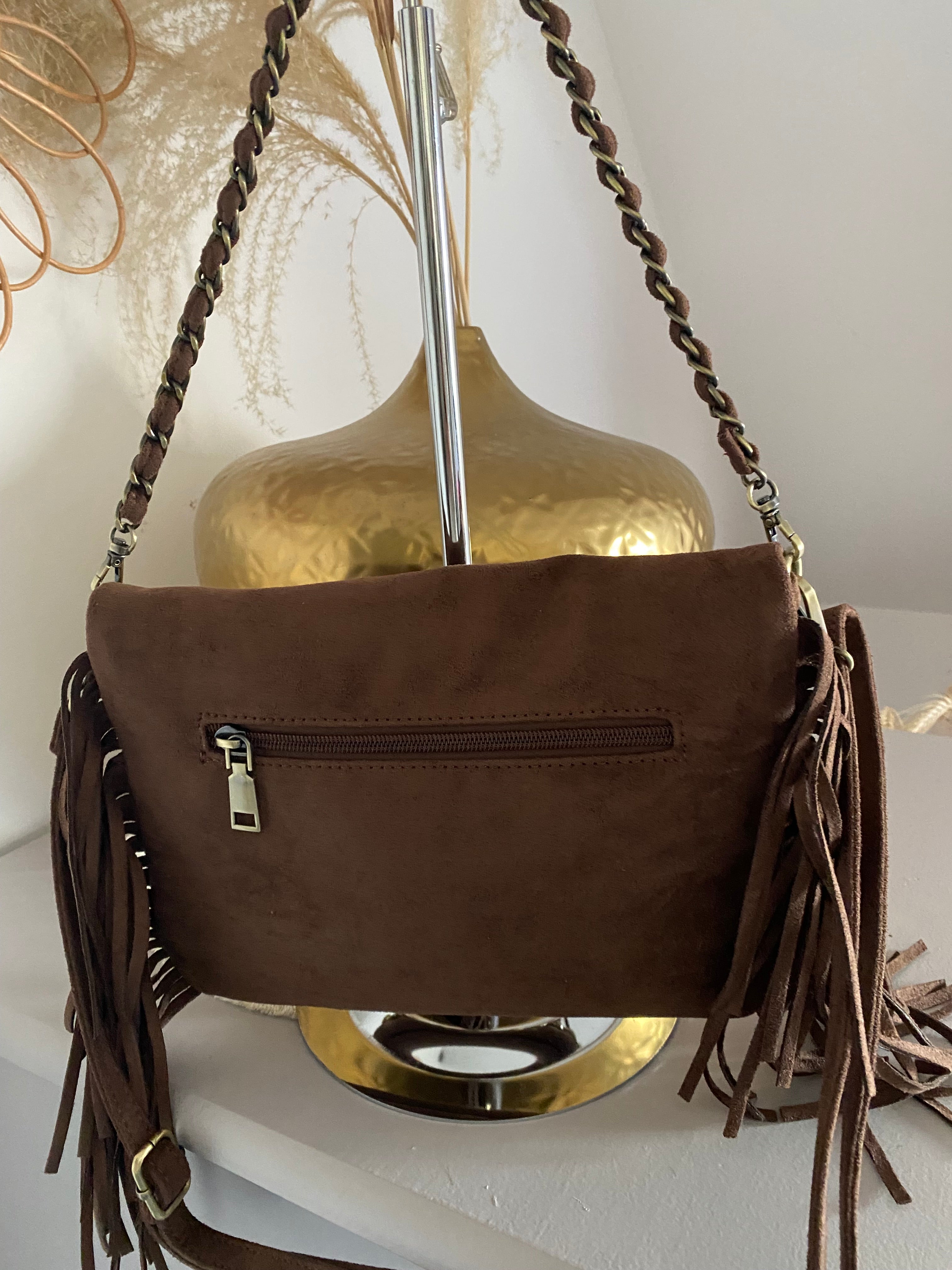 SAC SUEDE A FRANGE CHOCO