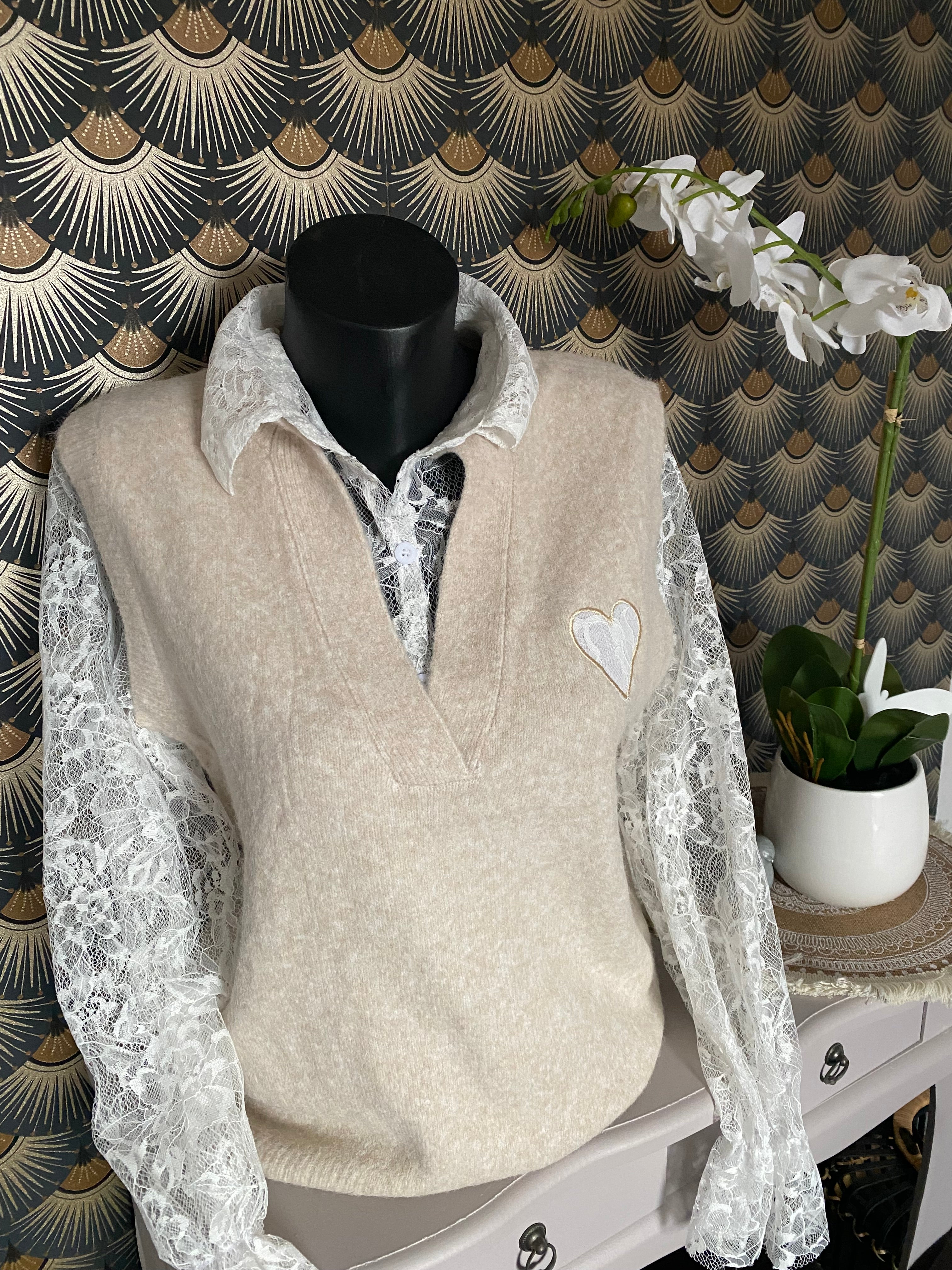 PULL DENTELLE COEUR ECRU  TU 36/42 PETIT 44