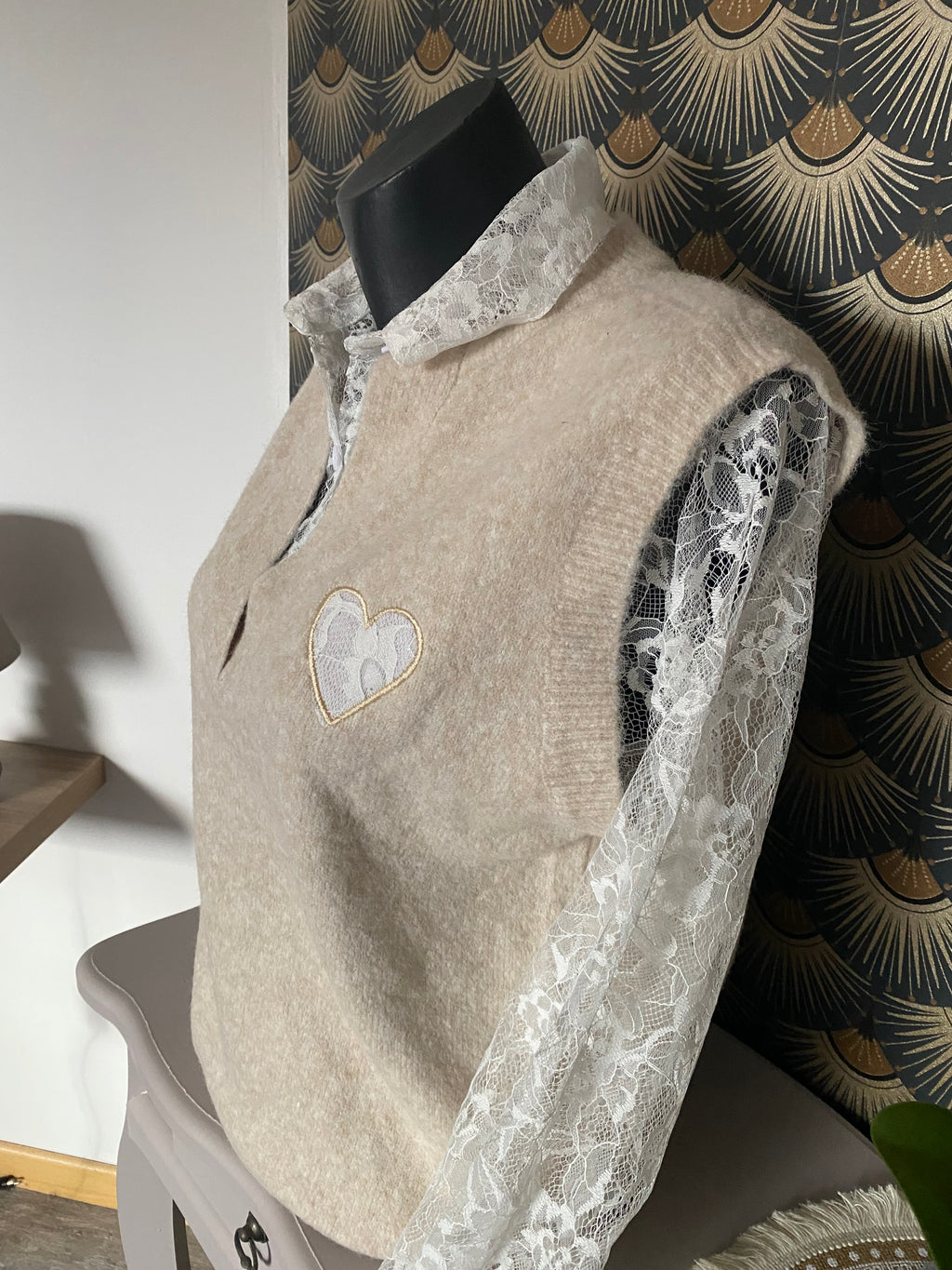 PULL DENTELLE COEUR ECRU  TU 36/42 PETIT 44