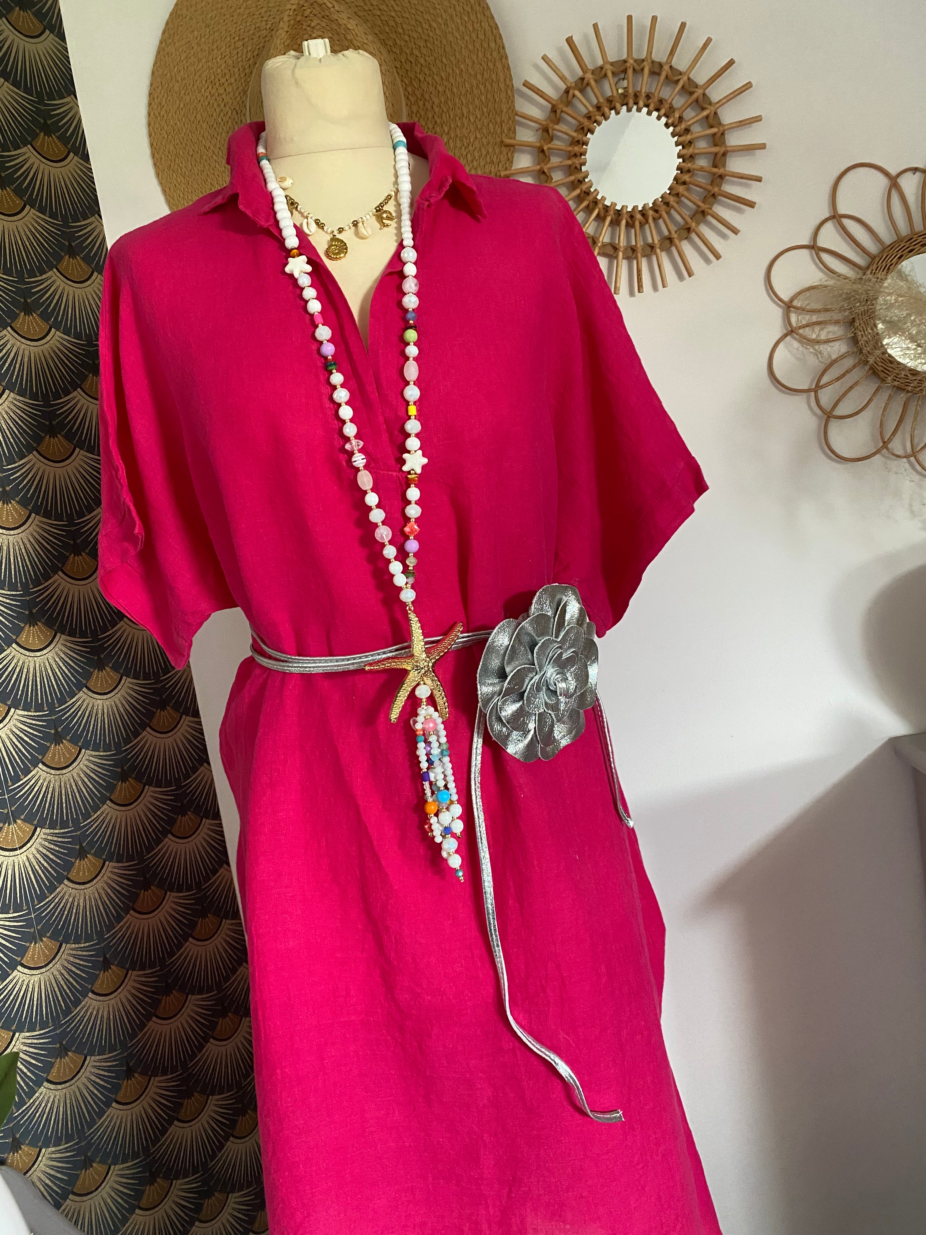 ROBES  LIN BELLE TAILLE  44/48  TROIS COLORIS ( KAKI,FUSHIA , ORANGE )