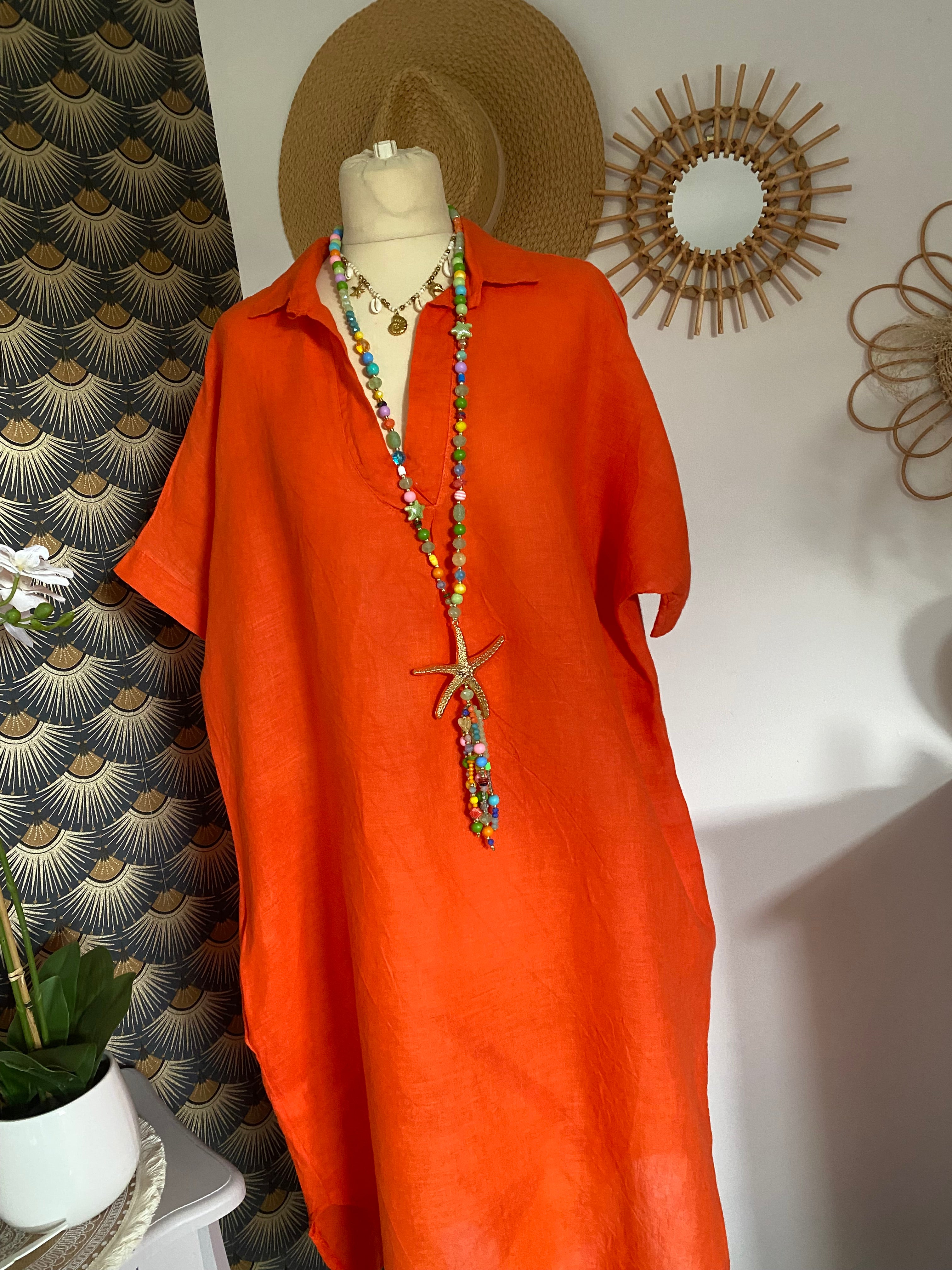 ROBES  LIN BELLE TAILLE  44/48  TROIS COLORIS ( KAKI,FUSHIA , ORANGE )