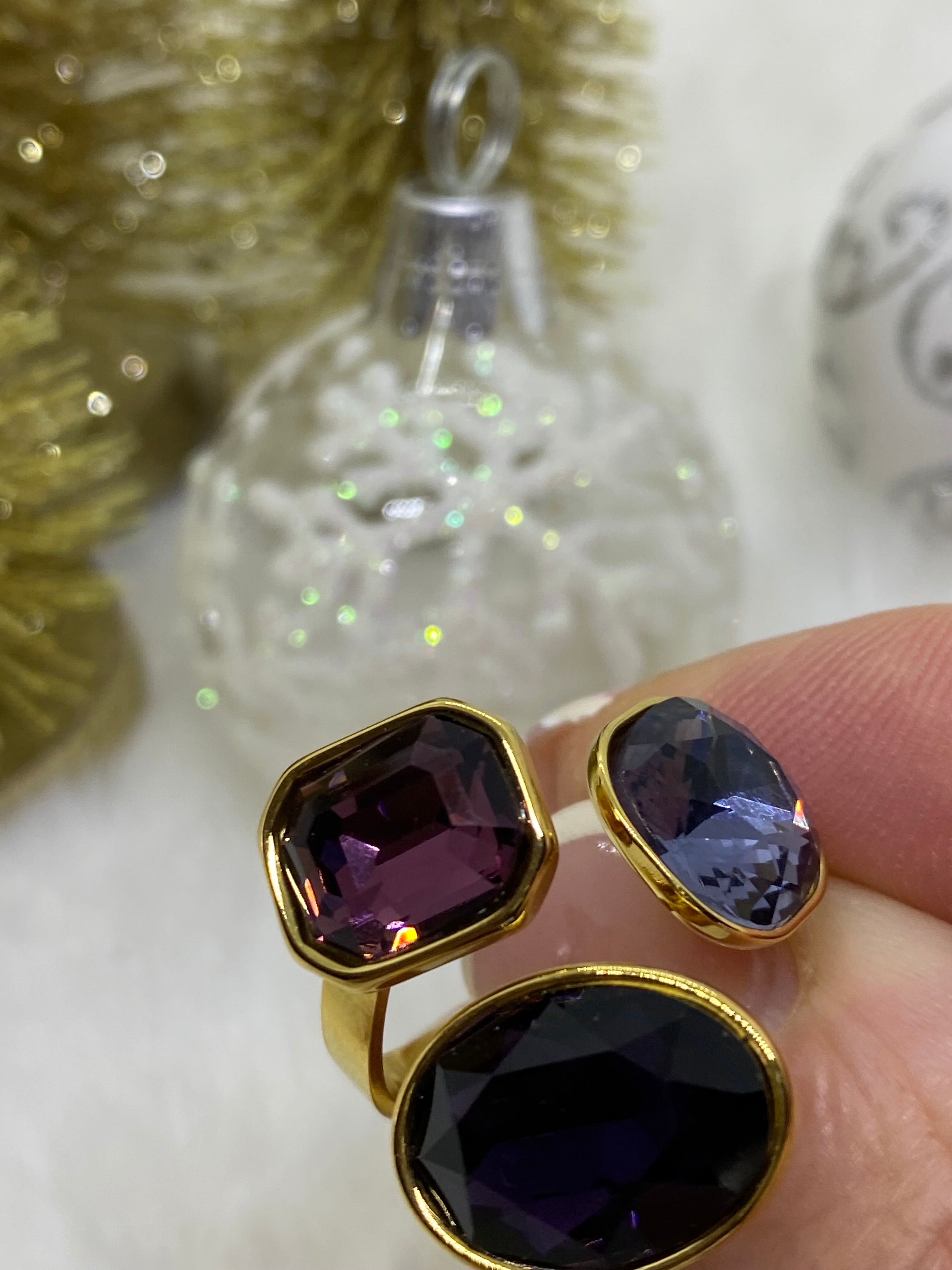 BAGUE ACIER INOXYDABLE REGLABLE  CRISTAL COULEUR BLEU ET VIOLET