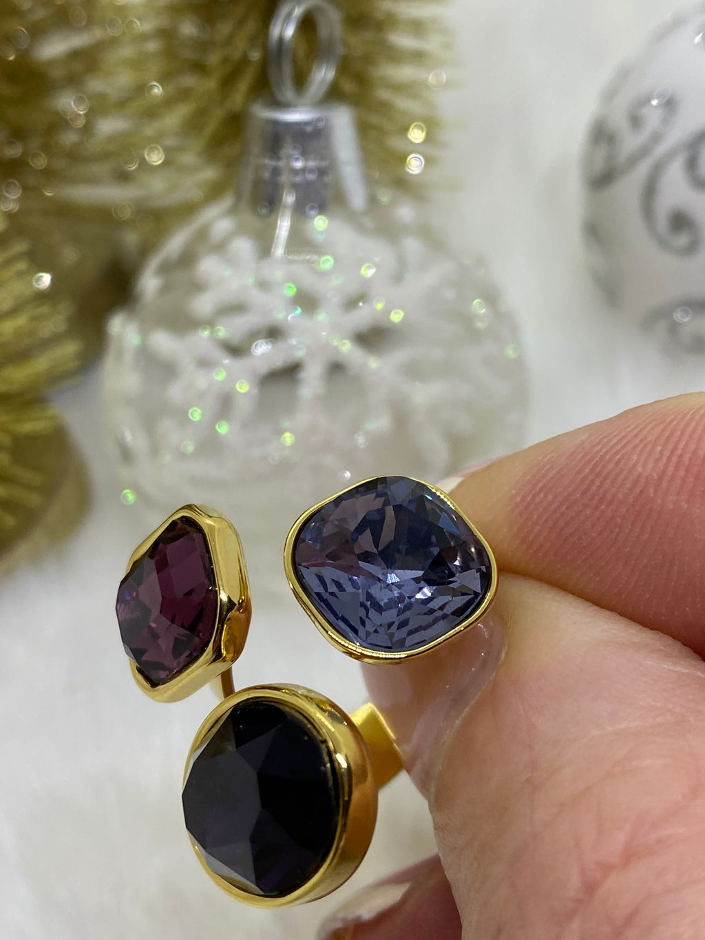 BAGUE ACIER INOXYDABLE REGLABLE  CRISTAL COULEUR BLEU ET VIOLET