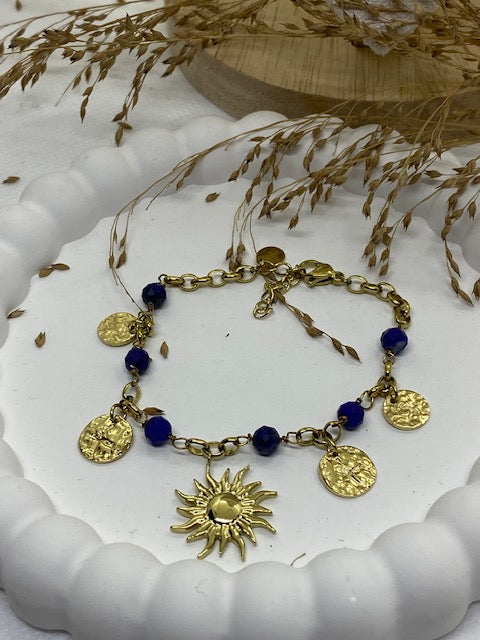 BRACELET  PENDENTIF SOLEIL  SODALITE   PIERRE NATURELLES