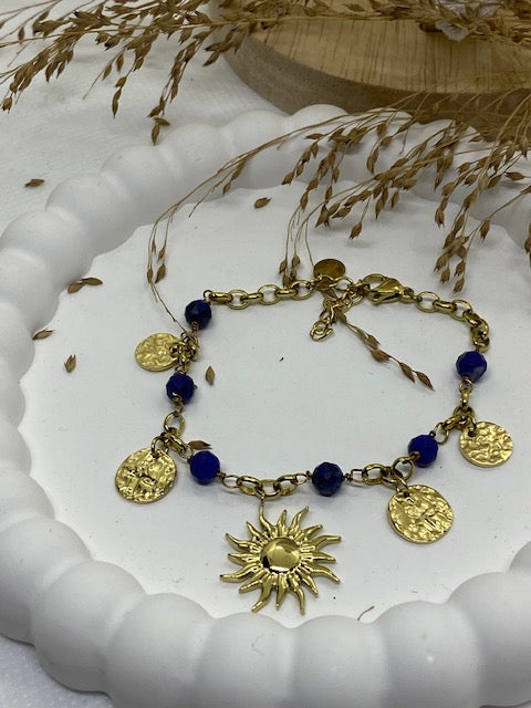 BRACELET  PENDENTIF SOLEIL  SODALITE   PIERRE NATURELLES