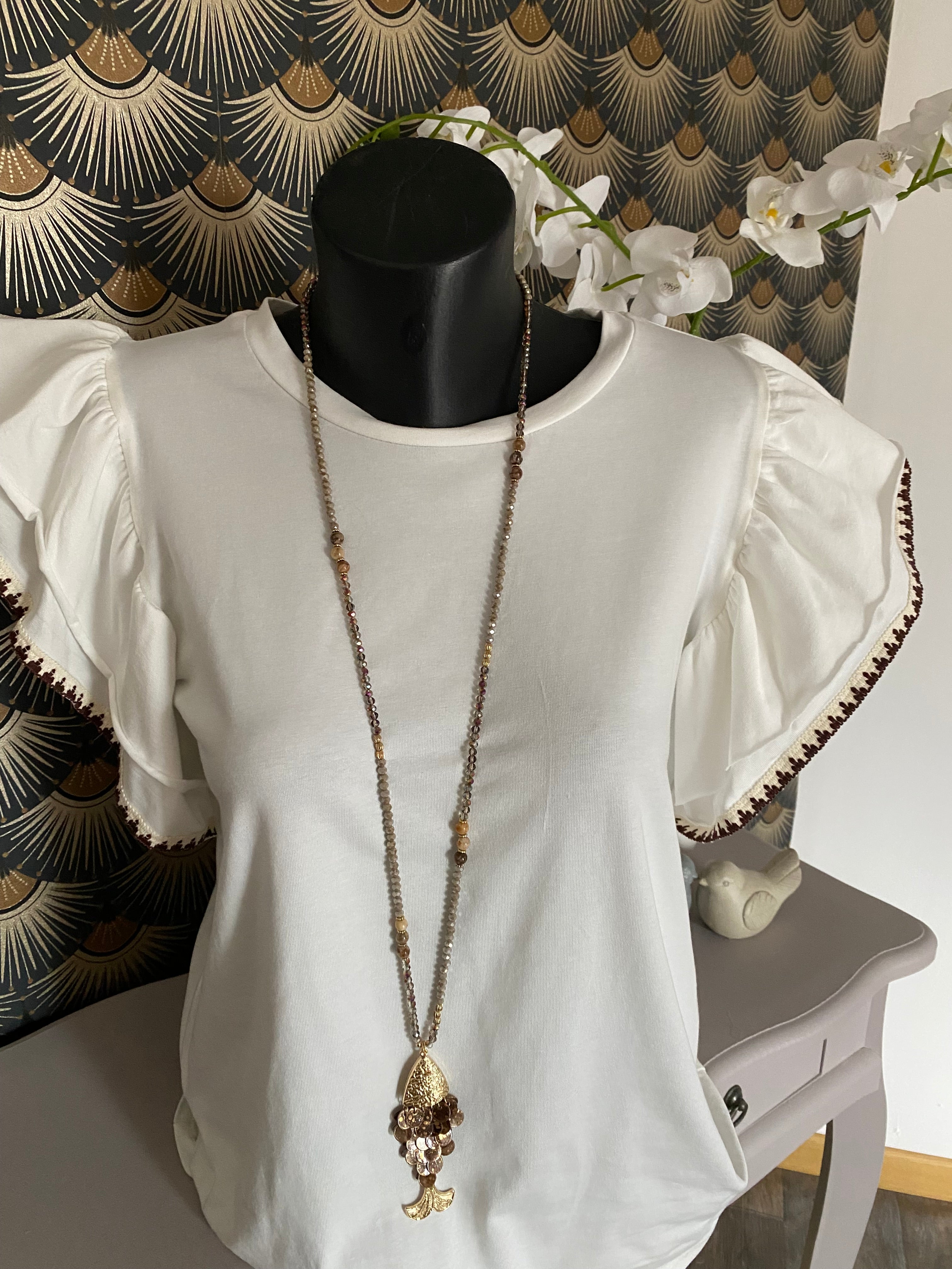 TOP BOHEME TU 36/42 ECRU ET CHOCO