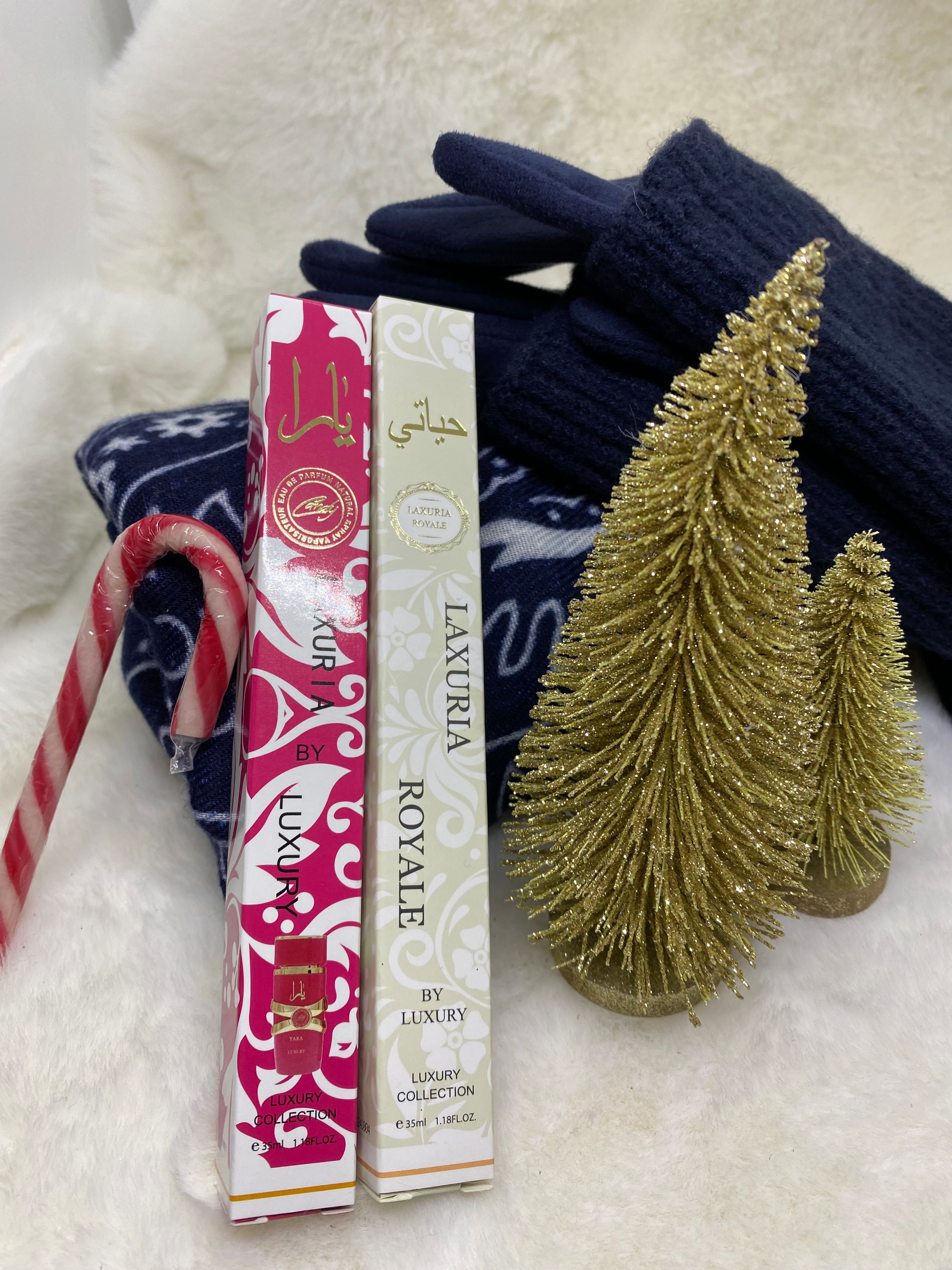 COFFRET DE NOEL (ECHARPE BANDANA , ENSEMBLE GANTS ET MIAINES , DEUX PARFUMS DE SAC )