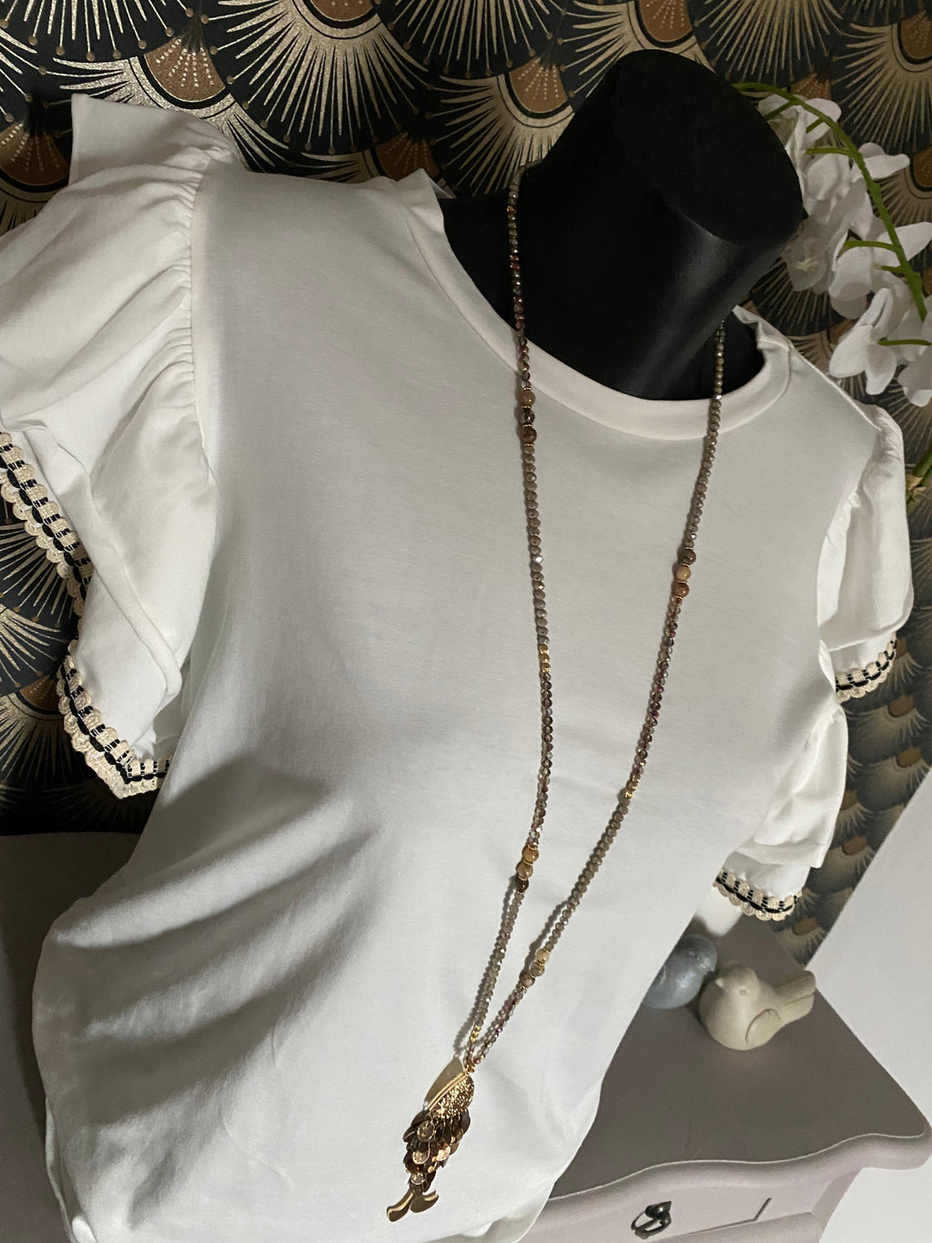 TOP BOHEME TU 36/42 ECRU ET NOIR