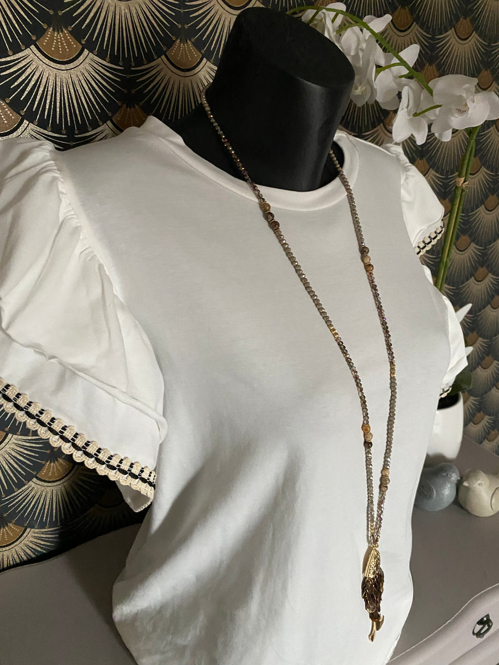TOP BOHEME TU 36/42 ECRU ET NOIR