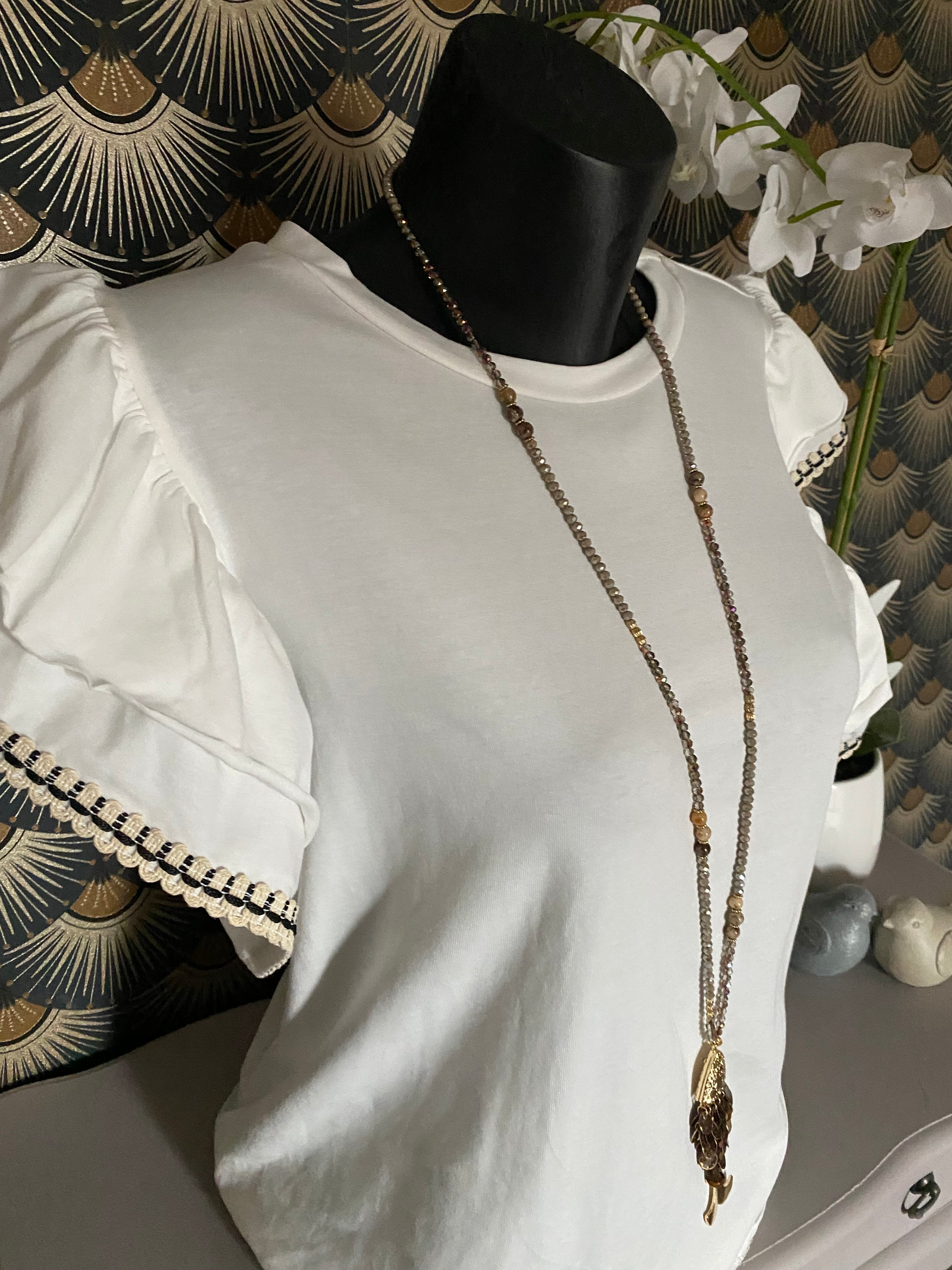 TOP BOHEME TU 36/42 ECRU ET NOIR