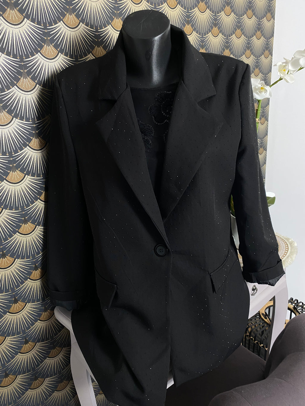 VESTE BLAZER STRASS NOIRS  NOIRE DOUBLEE  TU 36/44