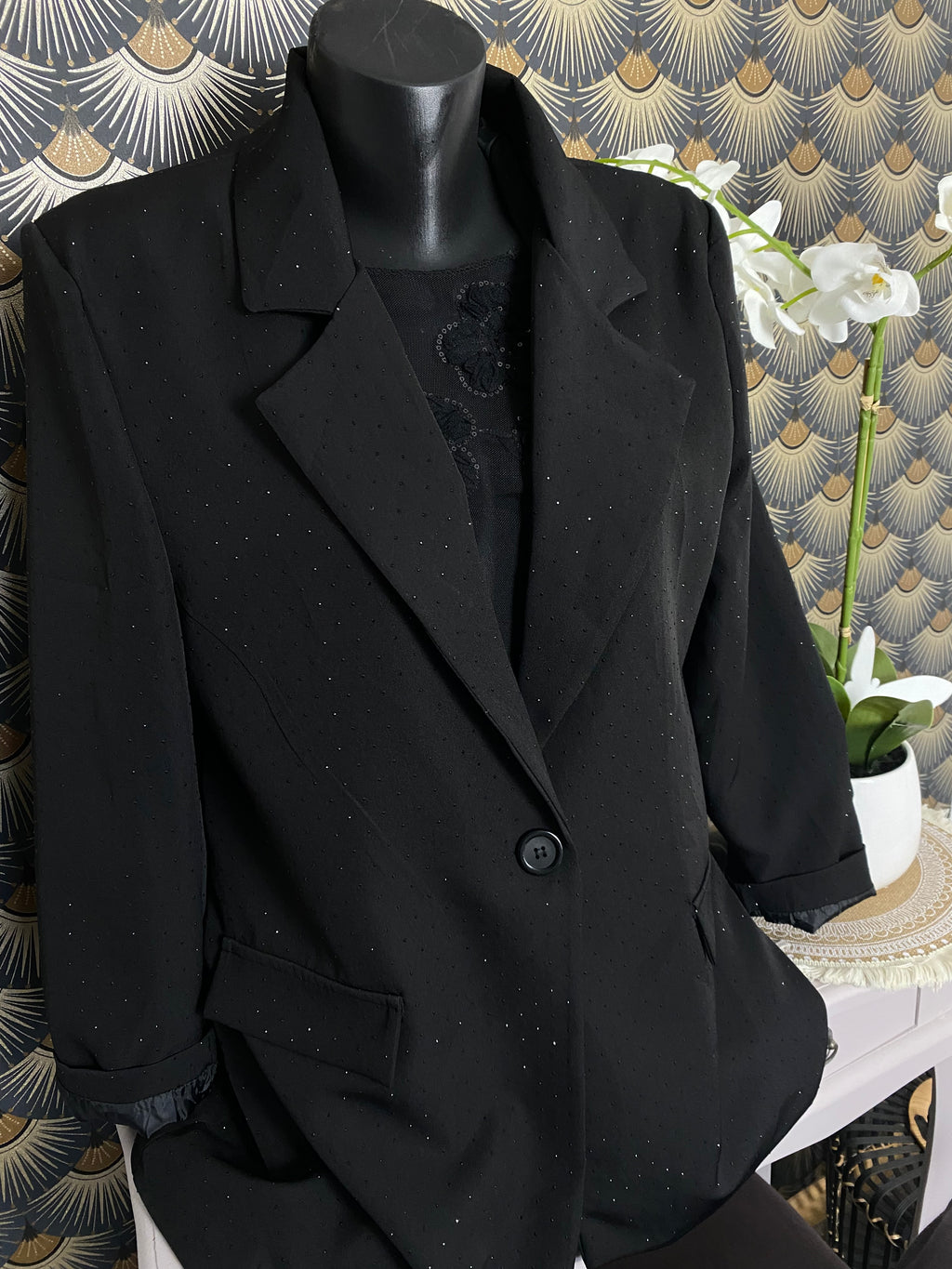 VESTE BLAZER STRASS NOIRS  NOIRE DOUBLEE  TU 36/44