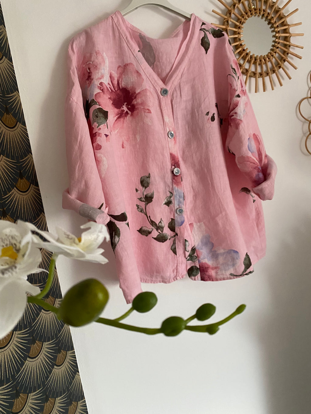 VESTE FLEURIE LIN TU 36/44  ROSE