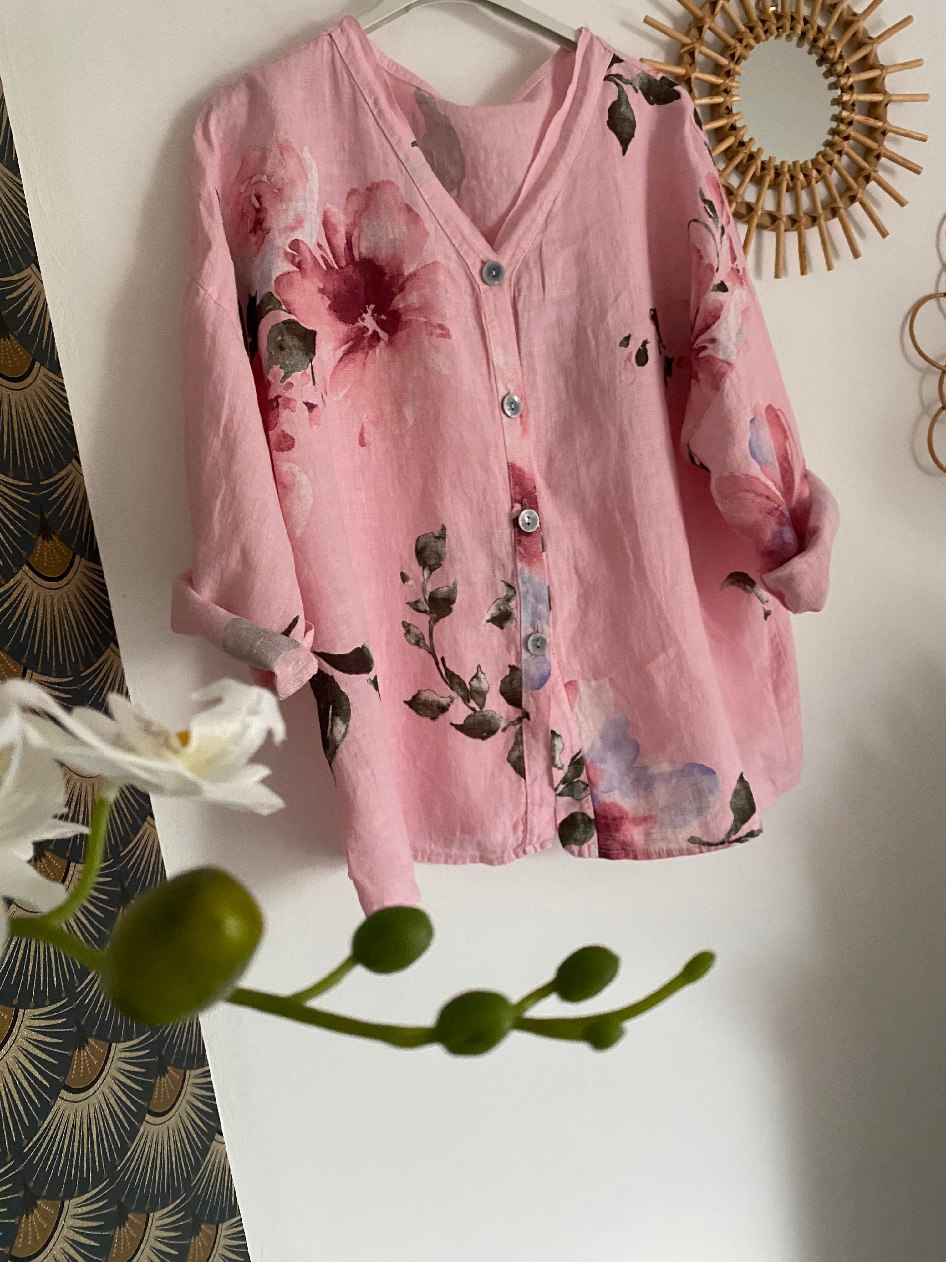VESTE FLEURIE LIN TU 36/44  ROSE