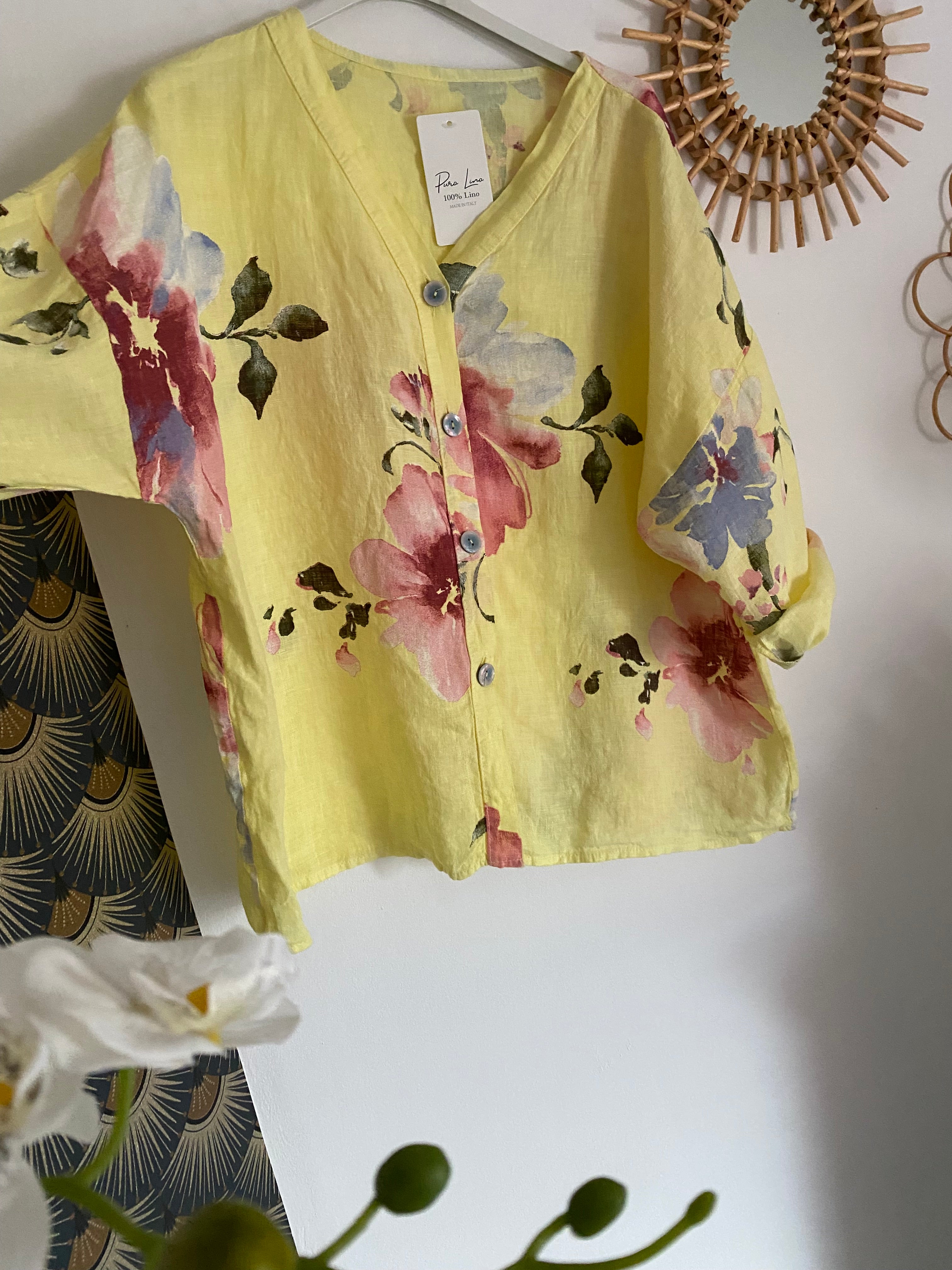 VESTE FLEURIE LIN TU 36/44  JAUNE