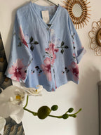 VESTE FLEURIE LIN TU 36/44  BLEU