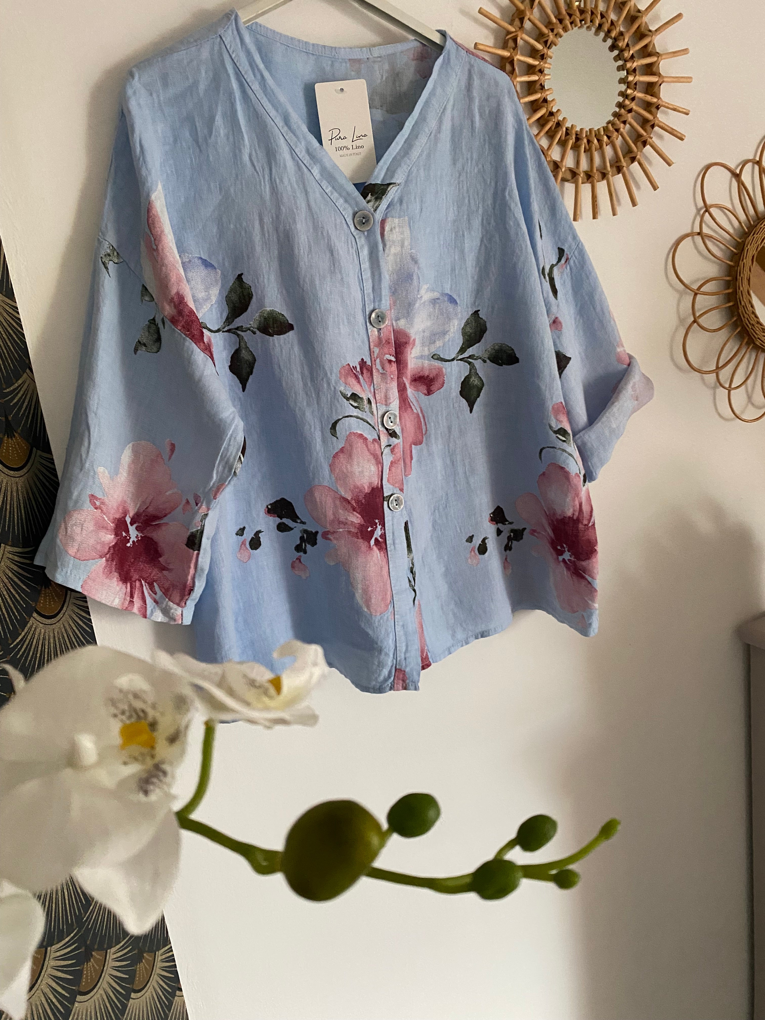 VESTE FLEURIE LIN TU 36/44  BLEU