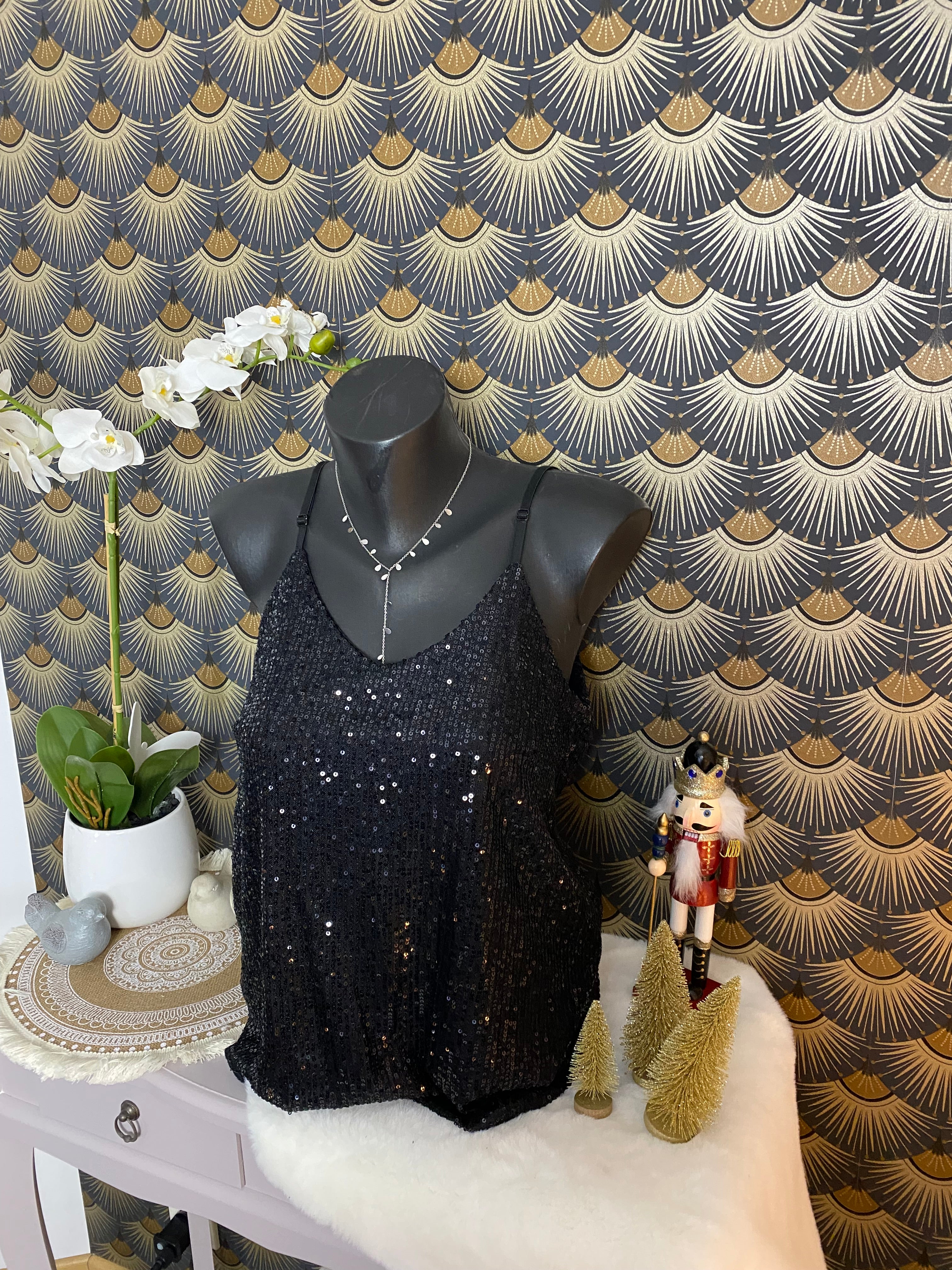 TOP BRETELLES SEQUINS NOIR  36/44
