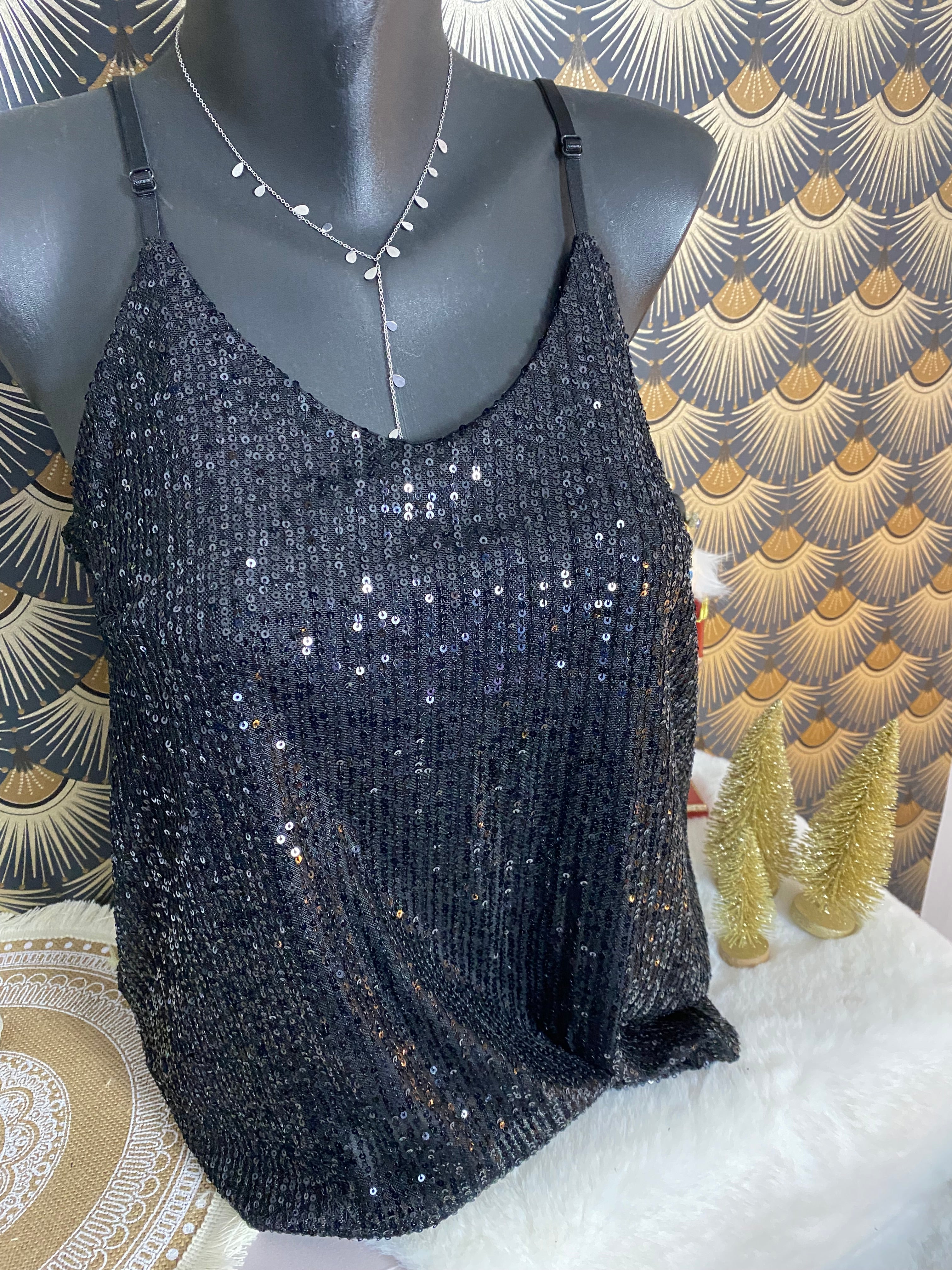 TOP BRETELLES SEQUINS NOIR  36/44