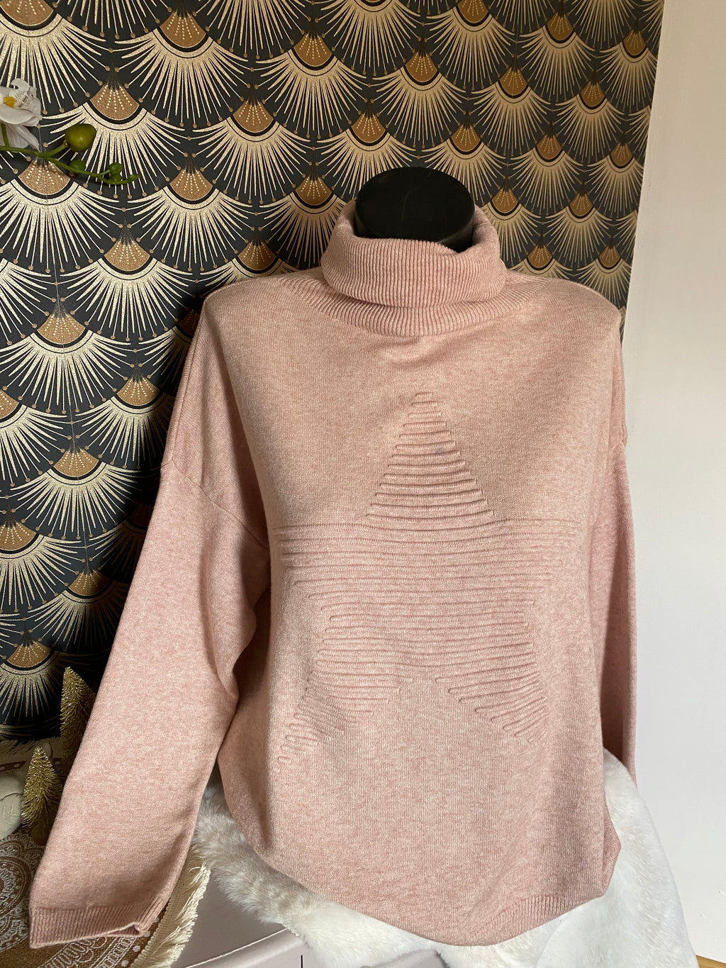 PULL COL ROULE  ETOILE TU 36/46 ROSE PALE