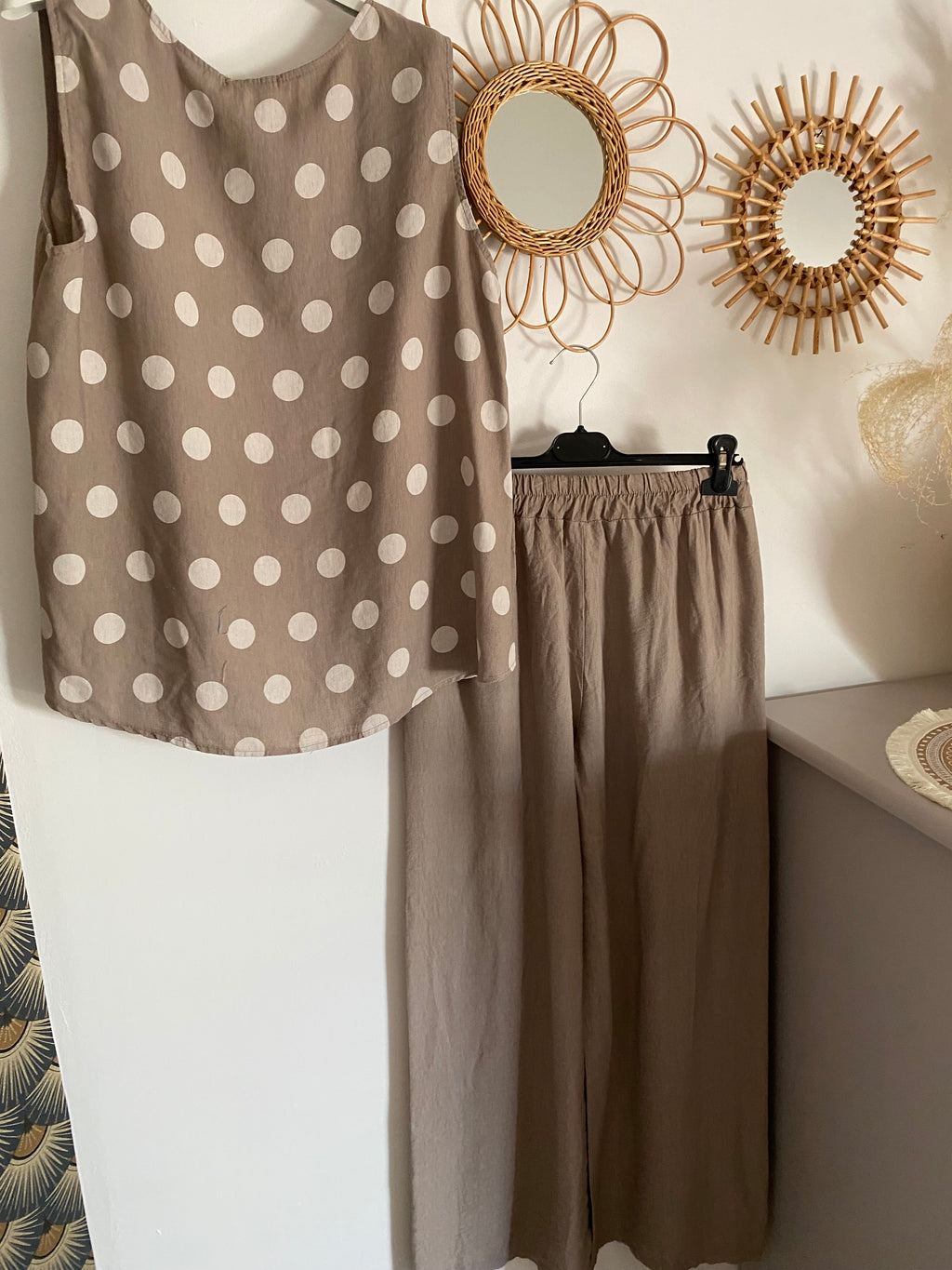 ENSEMBLE TOP PLUS PANTALON POIS BEIGE  TU 36/44