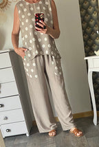 ENSEMBLE TOP PLUS PANTALON POIS BEIGE  TU 36/44