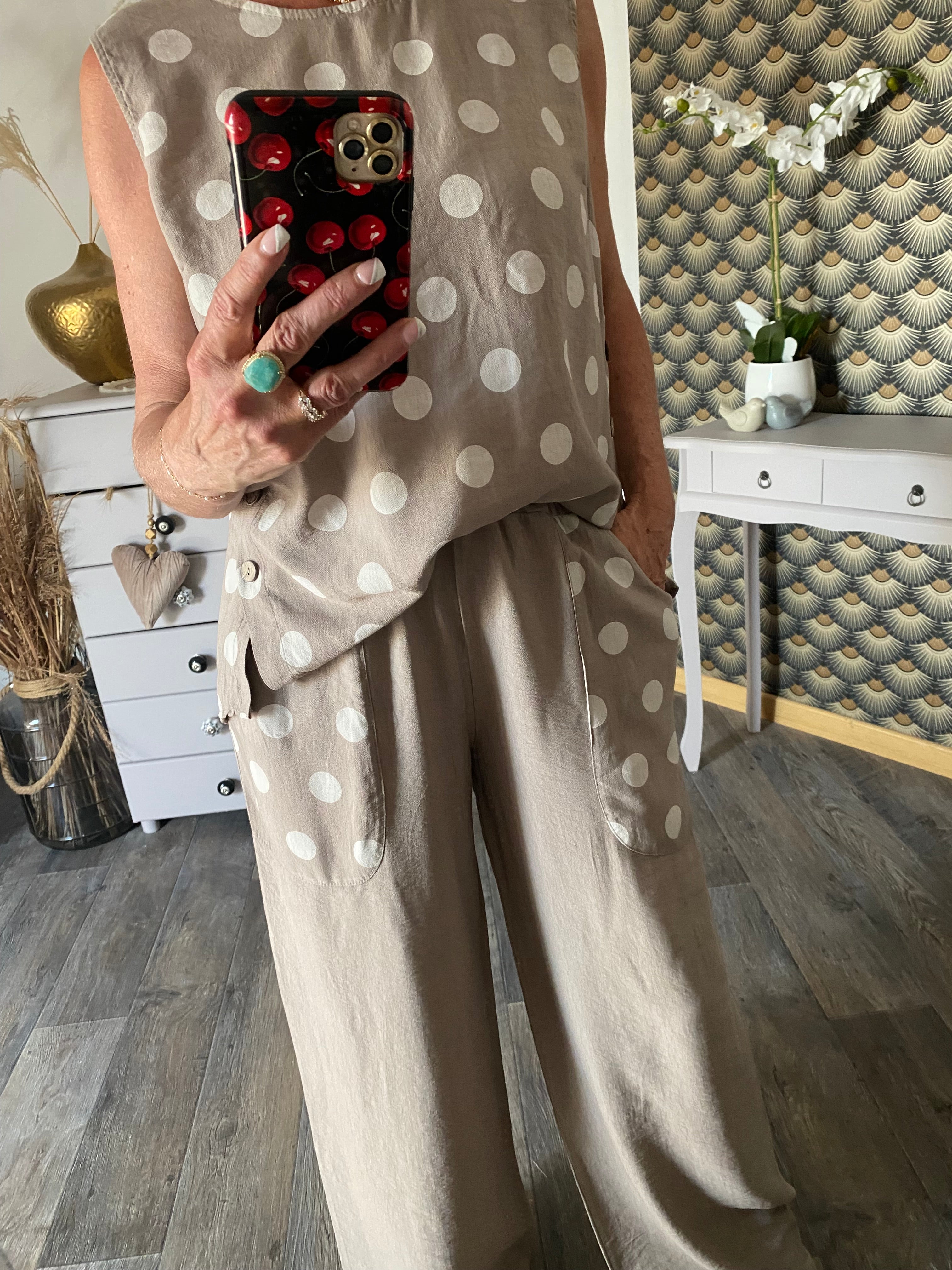 ENSEMBLE TOP PLUS PANTALON POIS BEIGE  TU 36/44