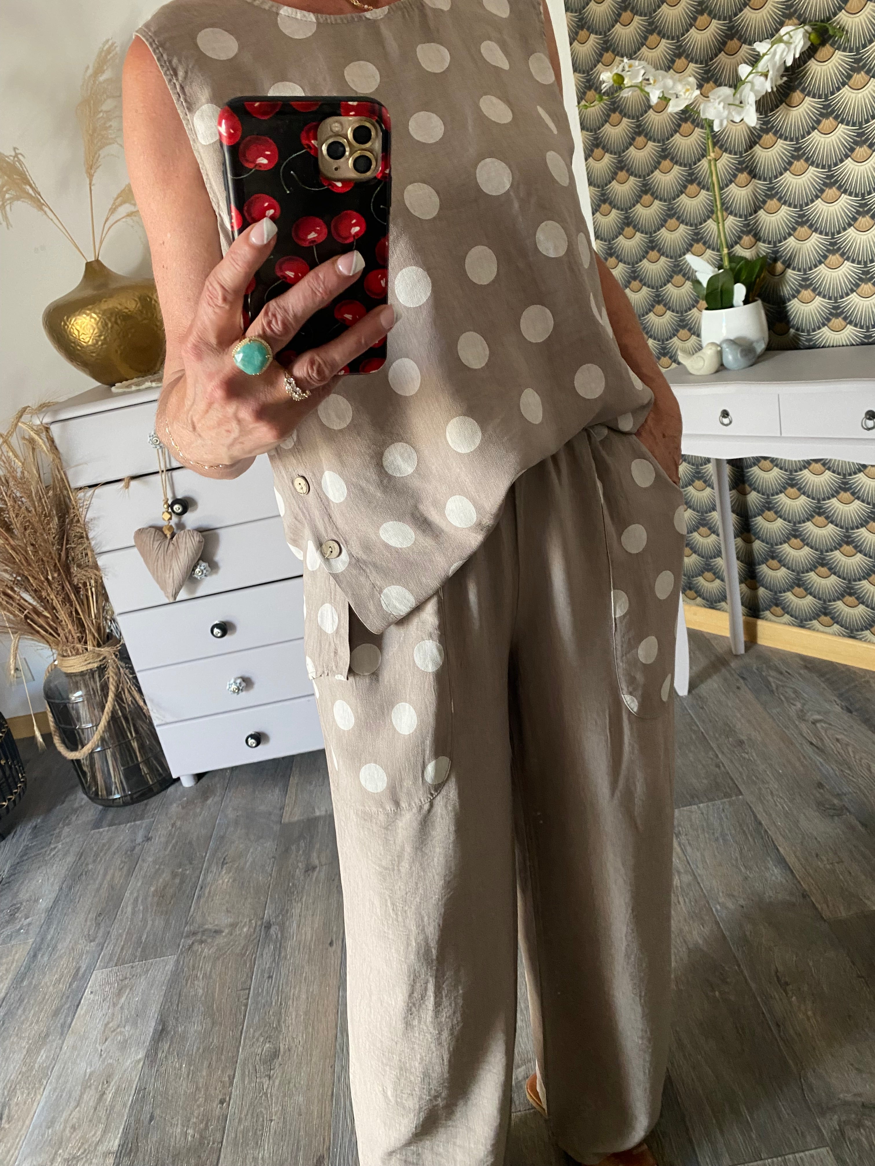 ENSEMBLE TOP PLUS PANTALON POIS BEIGE  TU 36/44
