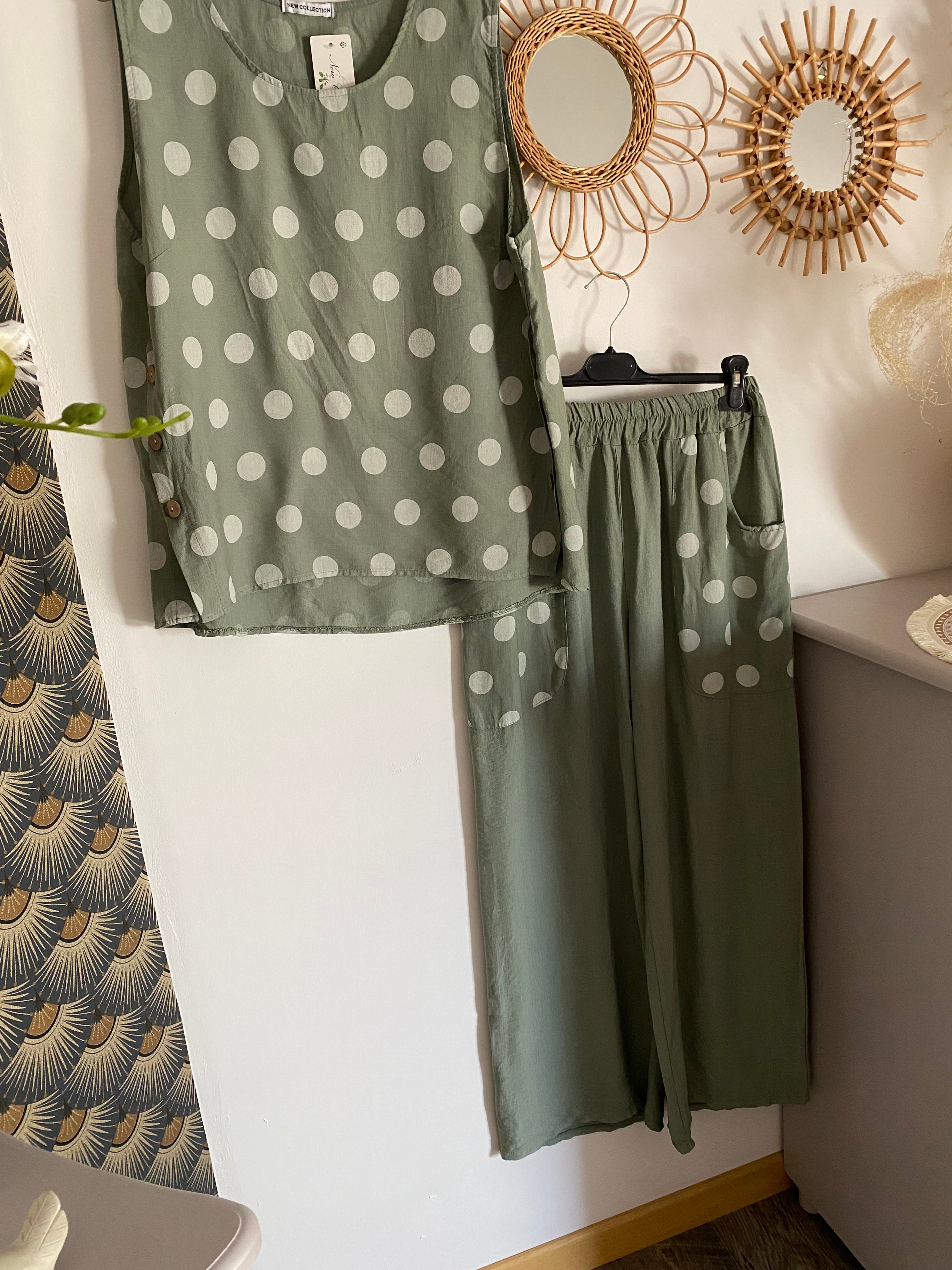 ENSEMBLE TOP PLUS PANTALON POIS KAKI  TU 36/44