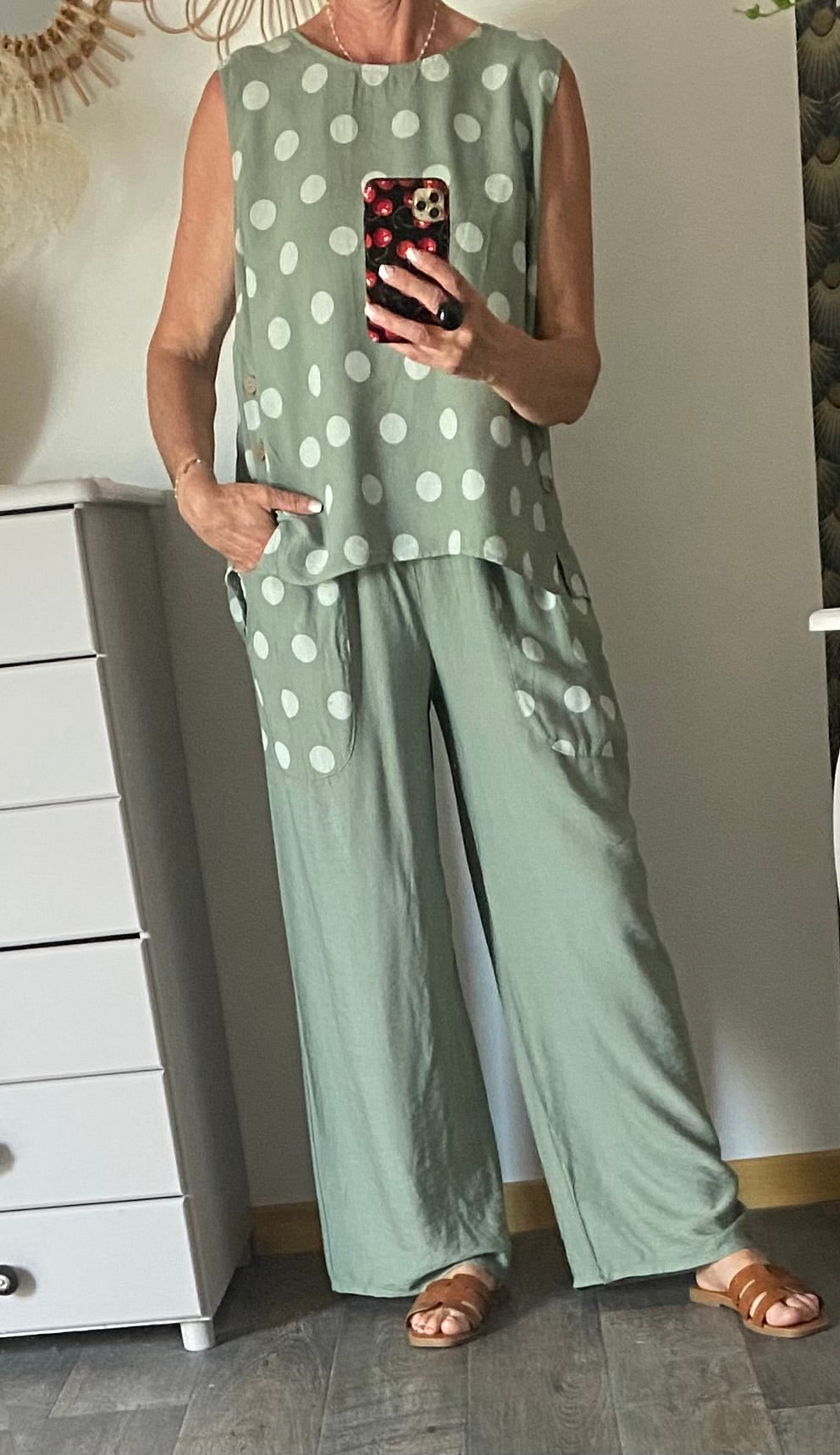 ENSEMBLE TOP PLUS PANTALON POIS KAKI  TU 36/44