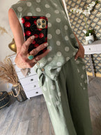 ENSEMBLE TOP PLUS PANTALON POIS KAKI  TU 36/44