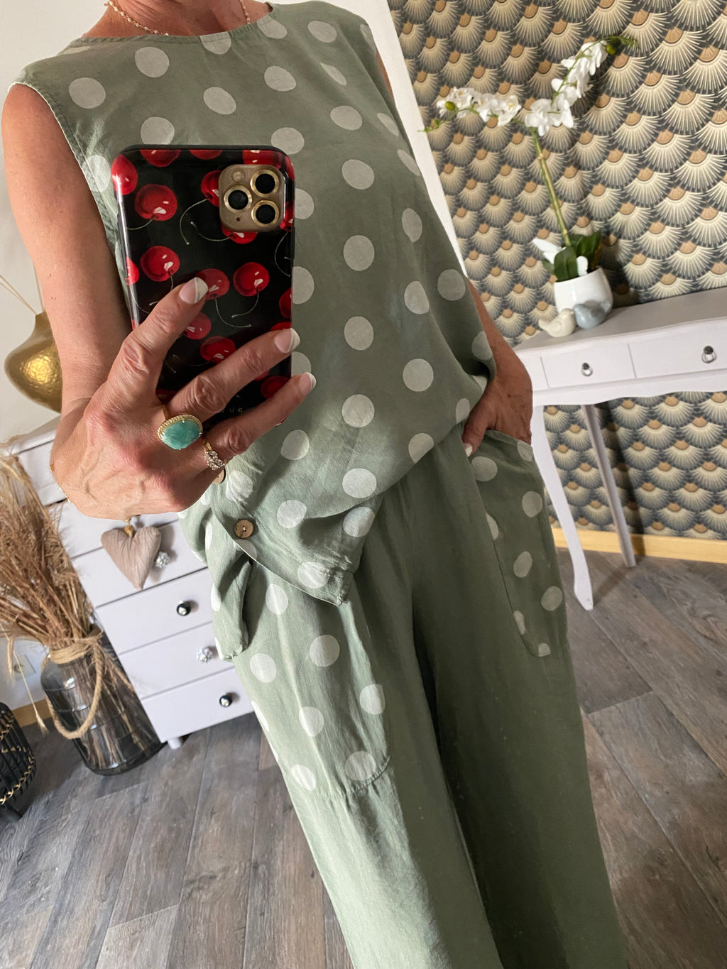 ENSEMBLE TOP PLUS PANTALON POIS KAKI  TU 36/44