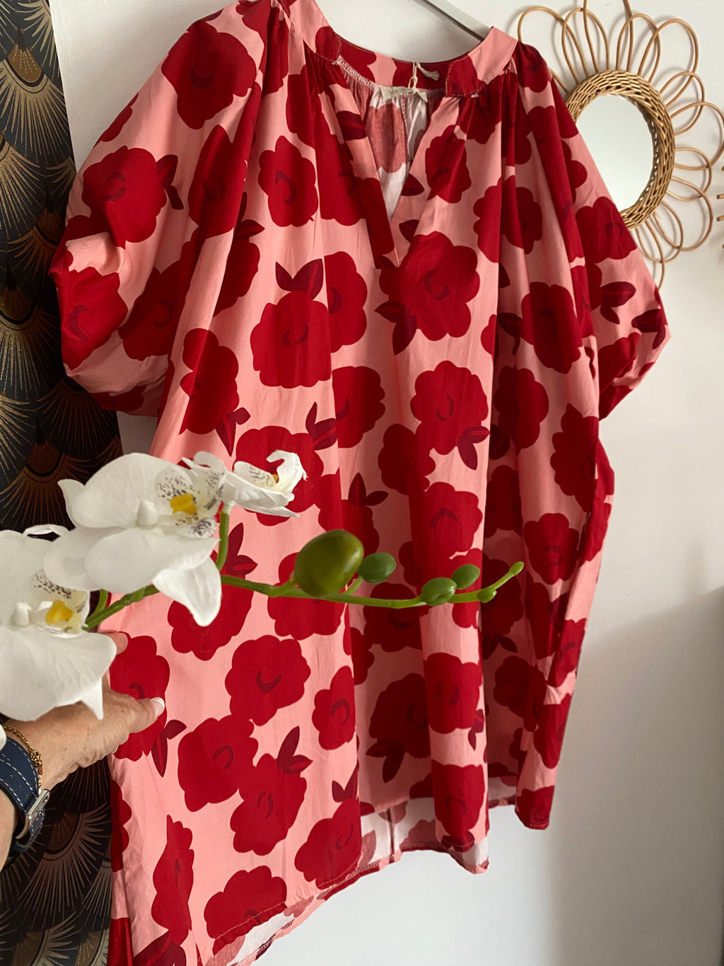ROBE COURTE   FLEURS ROUGE   TU 38/48
