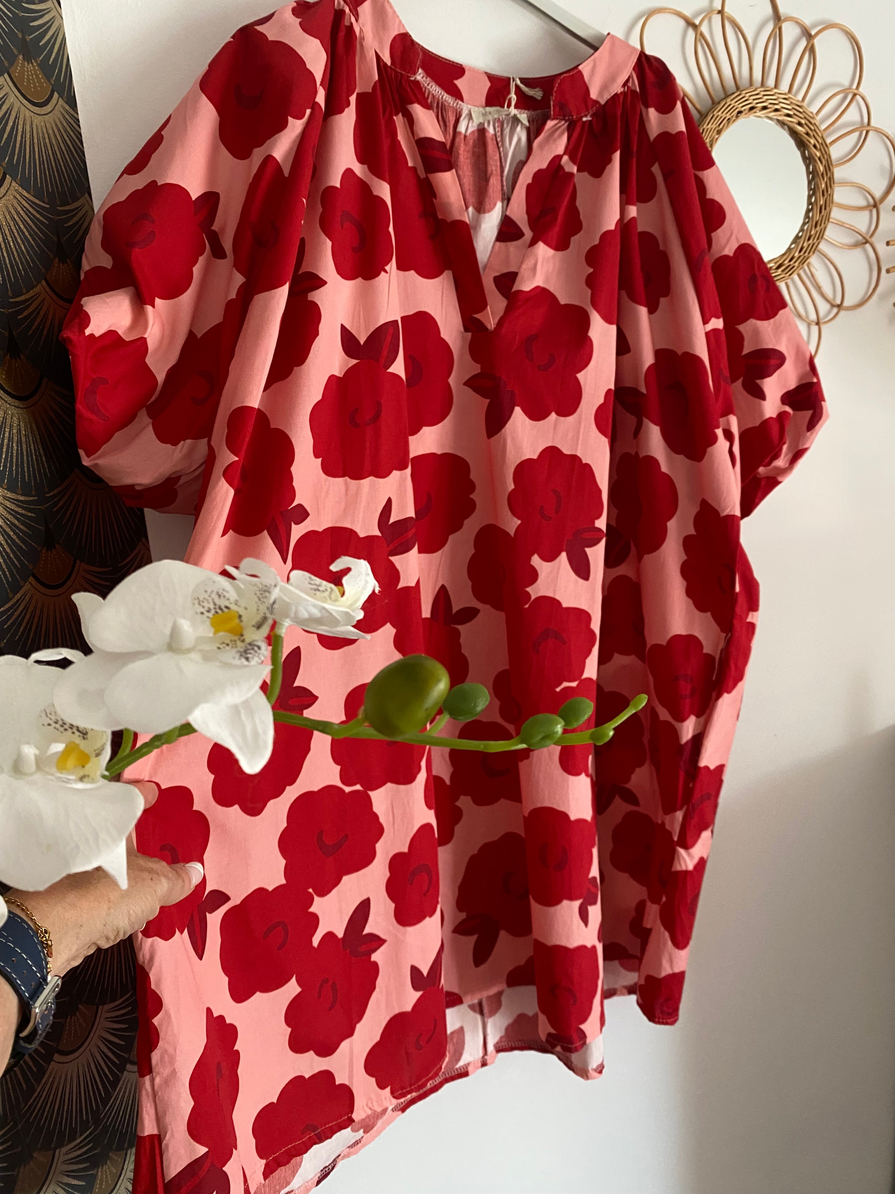 ROBE COURTE   FLEURS ROUGE   TU 38/48