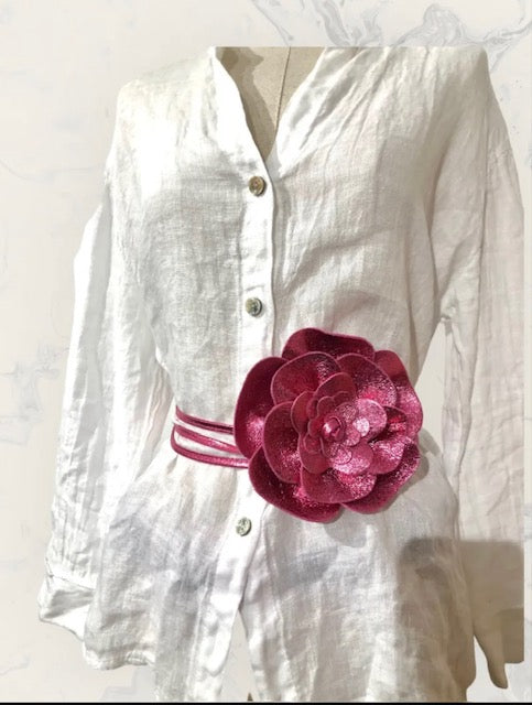 CEINTURE CUIR FLEUR  FUSHIA