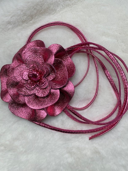 CEINTURE CUIR FLEUR  FUSHIA